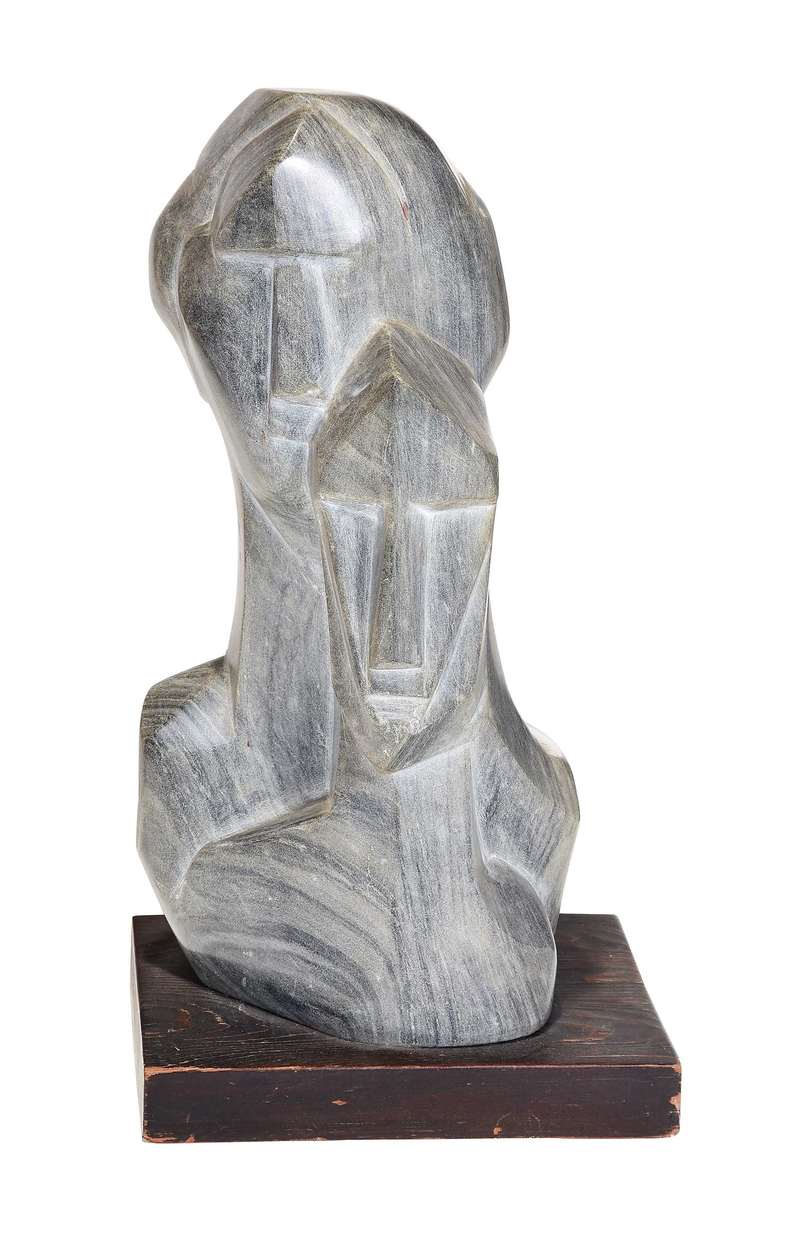 Modern Carved Stone Figural Sculpture: (20th/21st century) Two conjoined busts, unsigned, carved striated gray granite, on wood plinth, overall 22-3/4 x 12 x 9-1/2 in. Provenance: The Collection of Joe Matthews and John Shank, Shepherdstow
