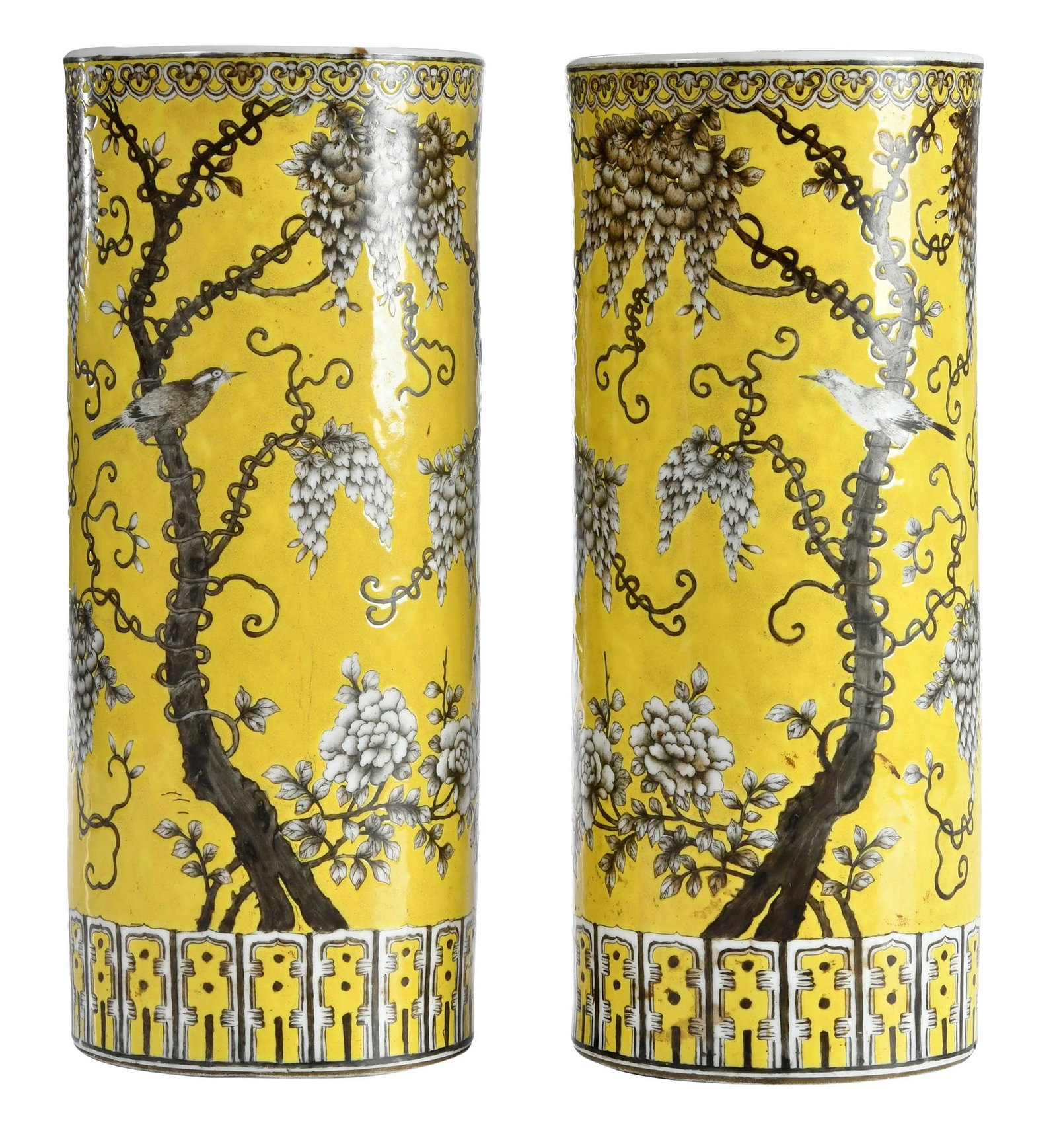 Pair Chinese Yellow Ground Porcelain Dayazhai Empress Cixi Vases: Qing dynasty, iron red dayazhai mark in cartouche to exteriors and four character iron red yongqing changchun mark to bases, each of cylindrical form with floral grisaille motifs, each 13 x 5-3/8 x
