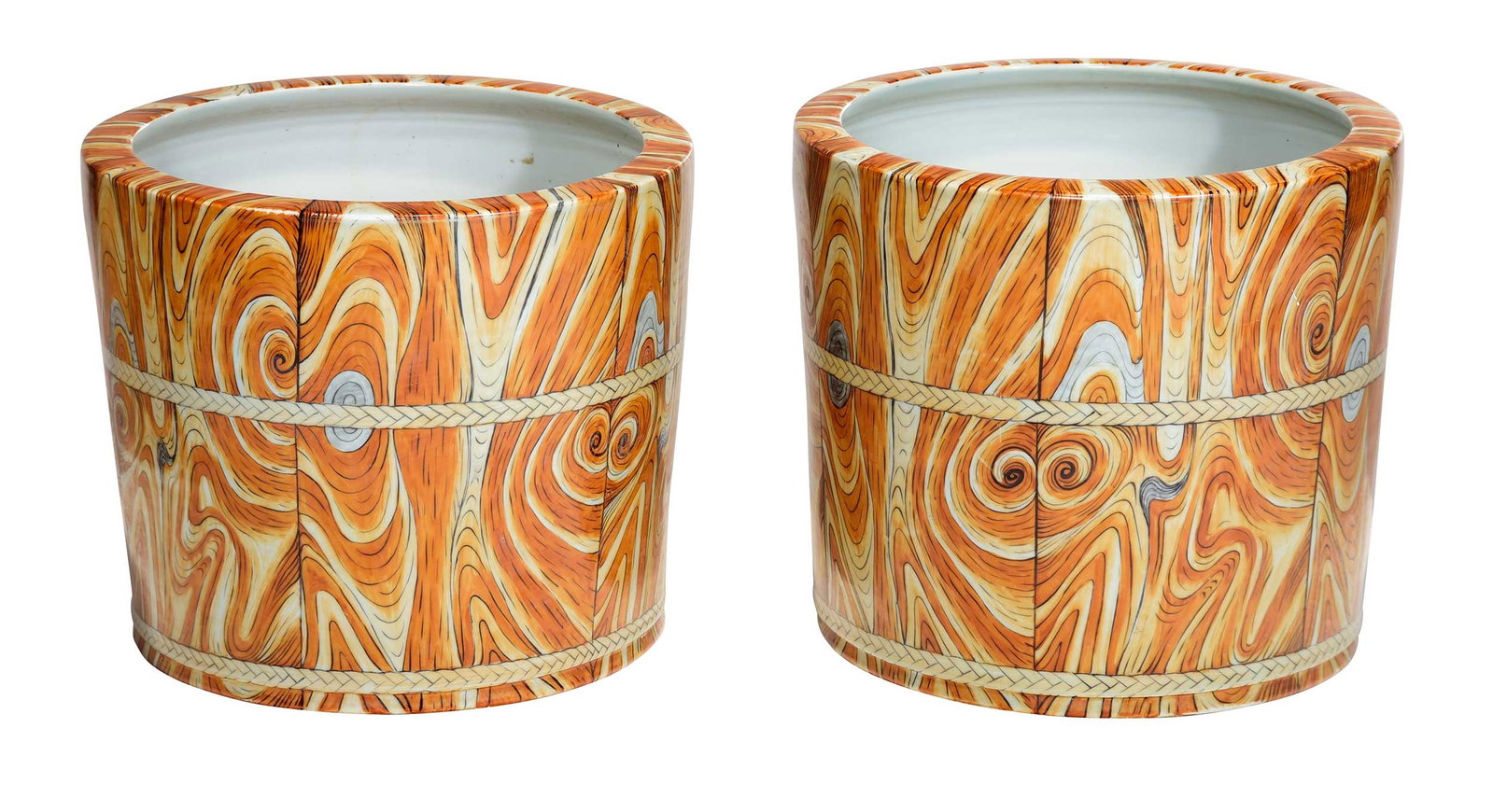 Pair of Large Chinese Faux Bois Porcelain Planters: iron red six character mark of the Jiaqing emperor to bases, enamel decorated with faux wood pattern, each 12-1/2 x 14 x 14 in. Provenance: The Collection of Joe Matthews and John Shank,