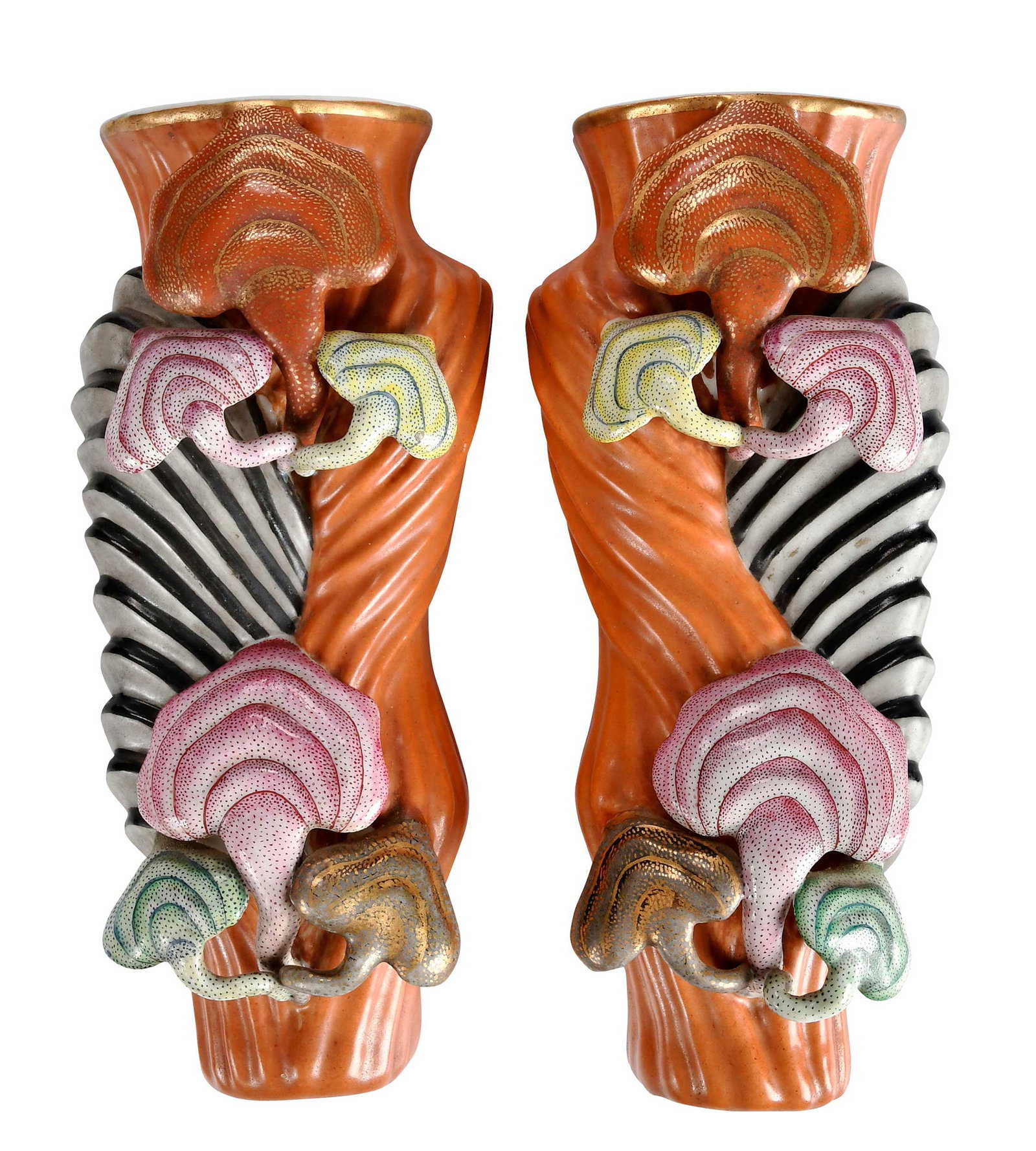 Pair of Chinese Porcelain Wall Pockets with Lingzhi: each with a four character reign mark which appears to be of the Qianlong emperor, one with old label that reads "Porcelain vase in...rock and...Chien Lung 1736-95", orange, grey, and black rock form