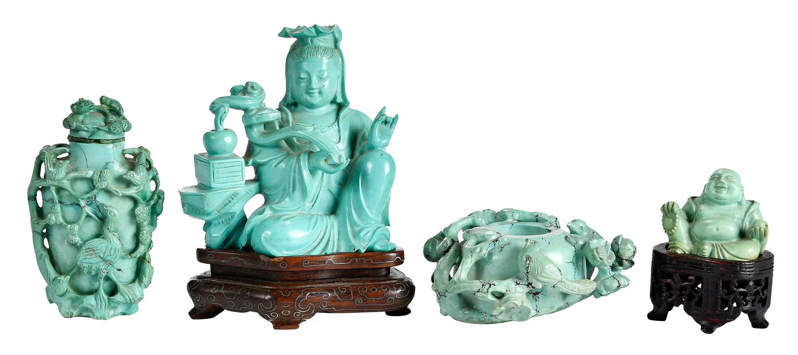 Four Chinese Carved Turquoise Objects: comprising: seated female figure on wood base; seated buddha on wood base; snuff bottle; small jar/pot; largest 3-1/4 x 2-3/4 x 2 in. Provenance: The Collection of Joe Matthews and John Shank,