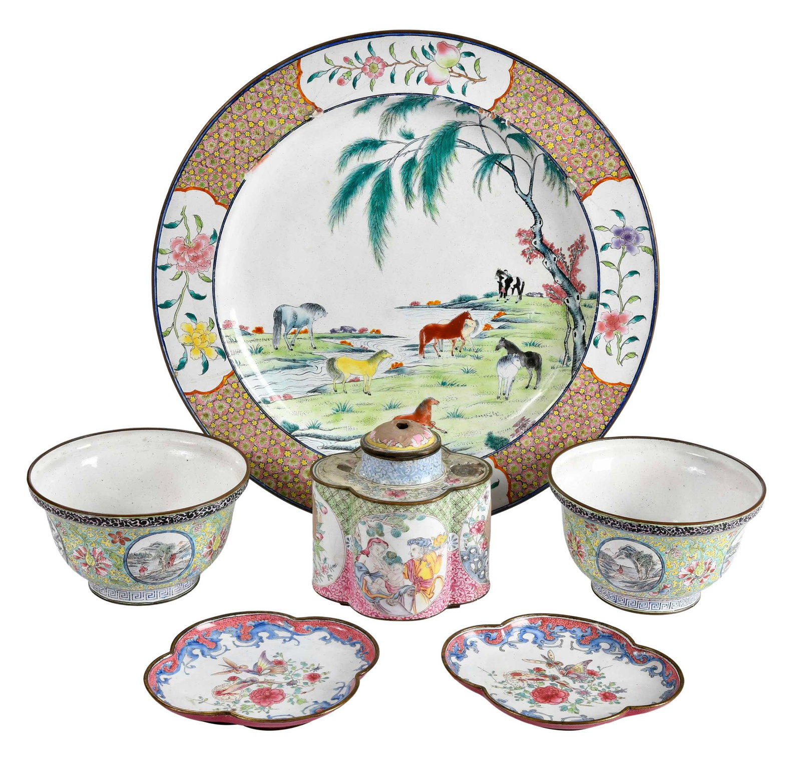 Six Pieces of Chinese Enameled Copper Table Objects: plate with horses along riverside; pair of bowls with landscape panels; pair of lobed dishes with butterflies; tea canister with European figures, largest 11 x 11 x 1 in. Provenance: The Collection