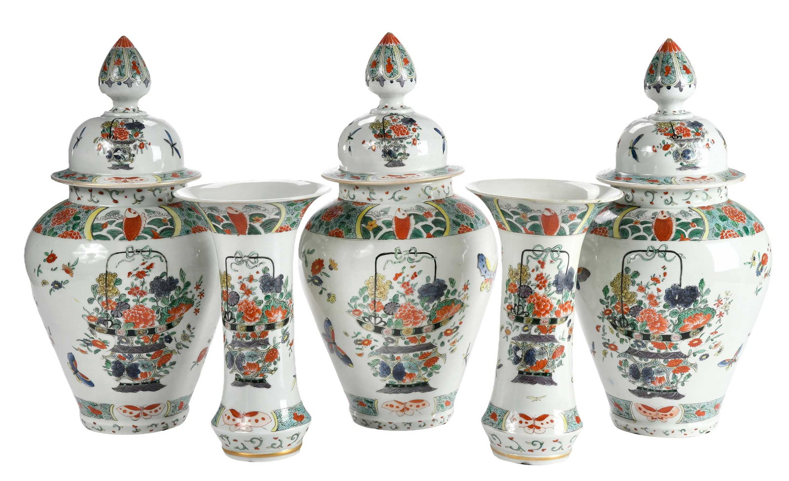 Chinese Porcelain Enameled Five Piece Garniture: 20th century, all with floral basket decoration, butterflies and goldfish, gilt, three ginger jars with lids, 16 x 8 x 8 in.; two spill vases, 10-1/2 x 6-1/2 x 6-1/2 in. Provenance: The Collection of