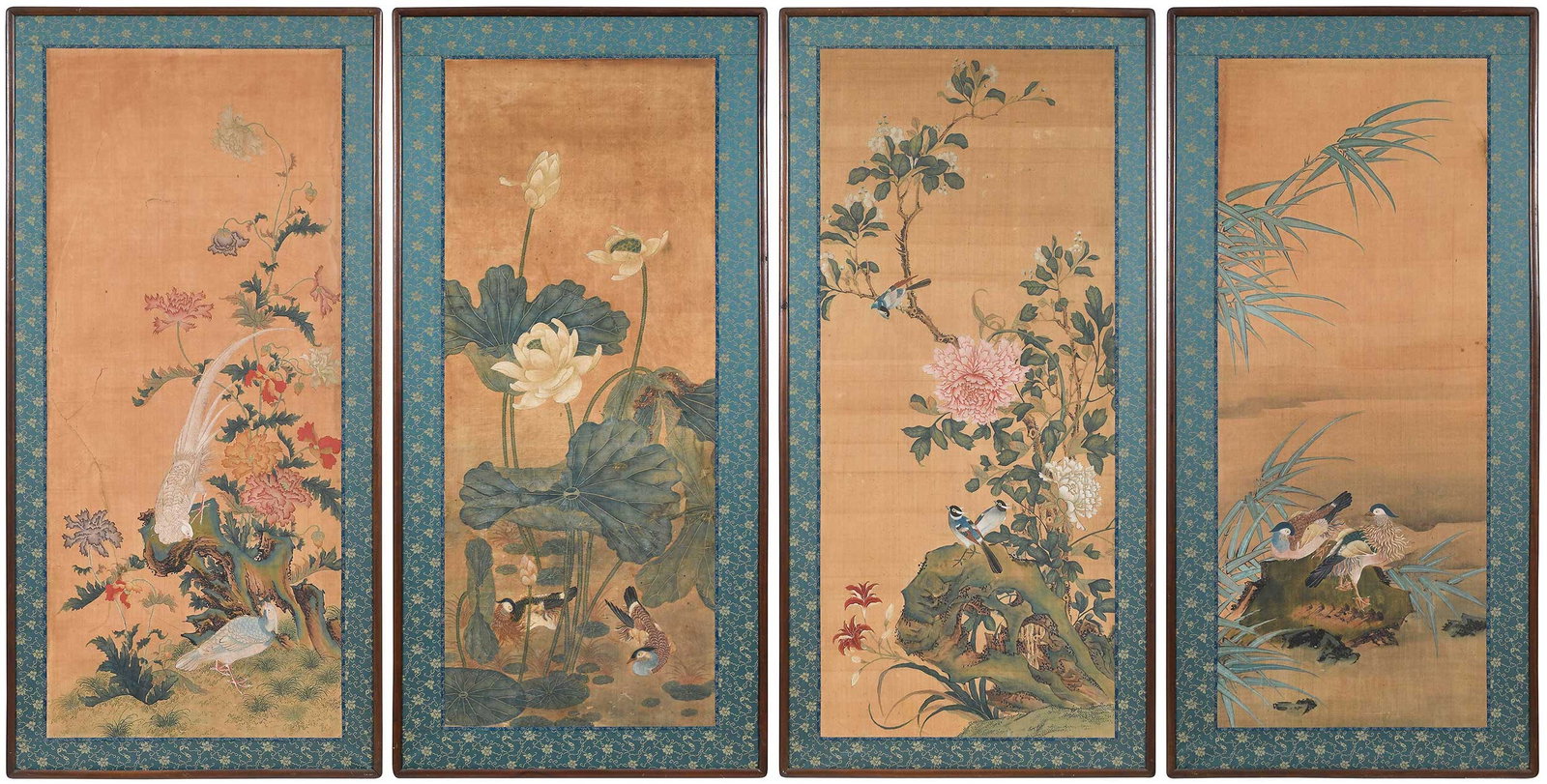 Group of Four Framed Chinese Ink on Silk Paintings: possibly late Qing dynasty, unsigned, bird and floral scenes, each image 54 x 23 in., silk brocade mount; wood frames, 60-1/4 x 29-1/4 x 1 in. Provenance: The Collection of Joe Matthews and John