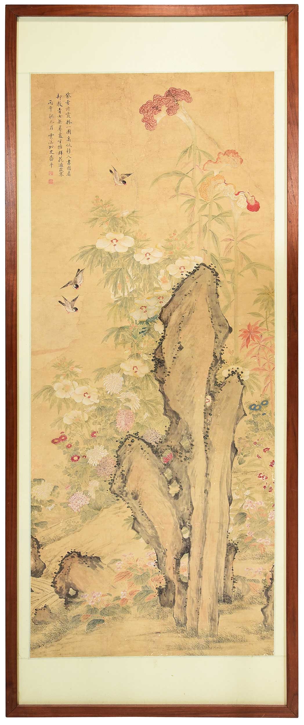 Large Framed Chinese Painting, Birds Among Flowers and Rocks: painted paper, silk border, with verse or phrase and seals, sight 82-1/8 x 33-1/8; modern frame with recent rebacking, 99-1/4 x 40-1/8 x 2-3/4 in. Provenance: The Collection of Joe Matthews and John S