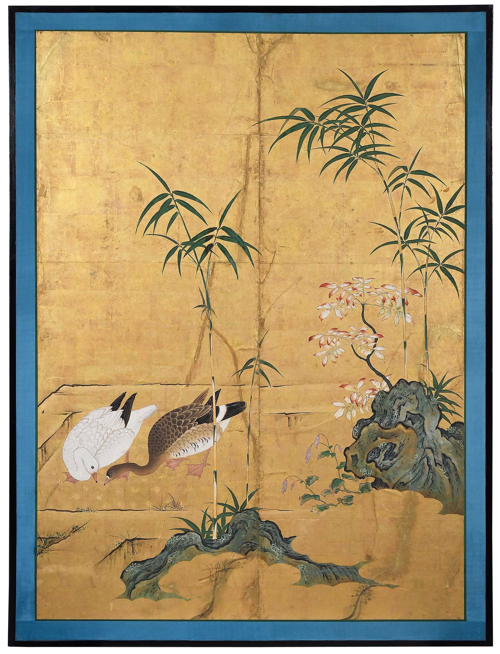 Large Framed Japanese Kano School or Style Painting of Waterfowl: possibly late 19th/early 20th century, polychrome pigment over gilt, sight 62-7/8 x 46 in.; wood frame 69-1/8 x 52-1/8 x 3/4 in. Provenance: The Collection of Joe Matthews and John Shank, Shepherdstow