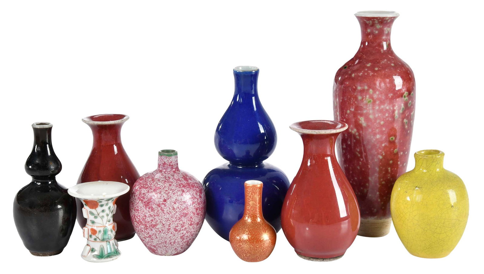 Nine Miniature Porcelain Chinese Vases: varying in form, size and decoration, three vases (largest, smallest, and enamel decorated) with marks to undersides of bases; near pair with labels for M. A. Orme Collection to underside of bases; la