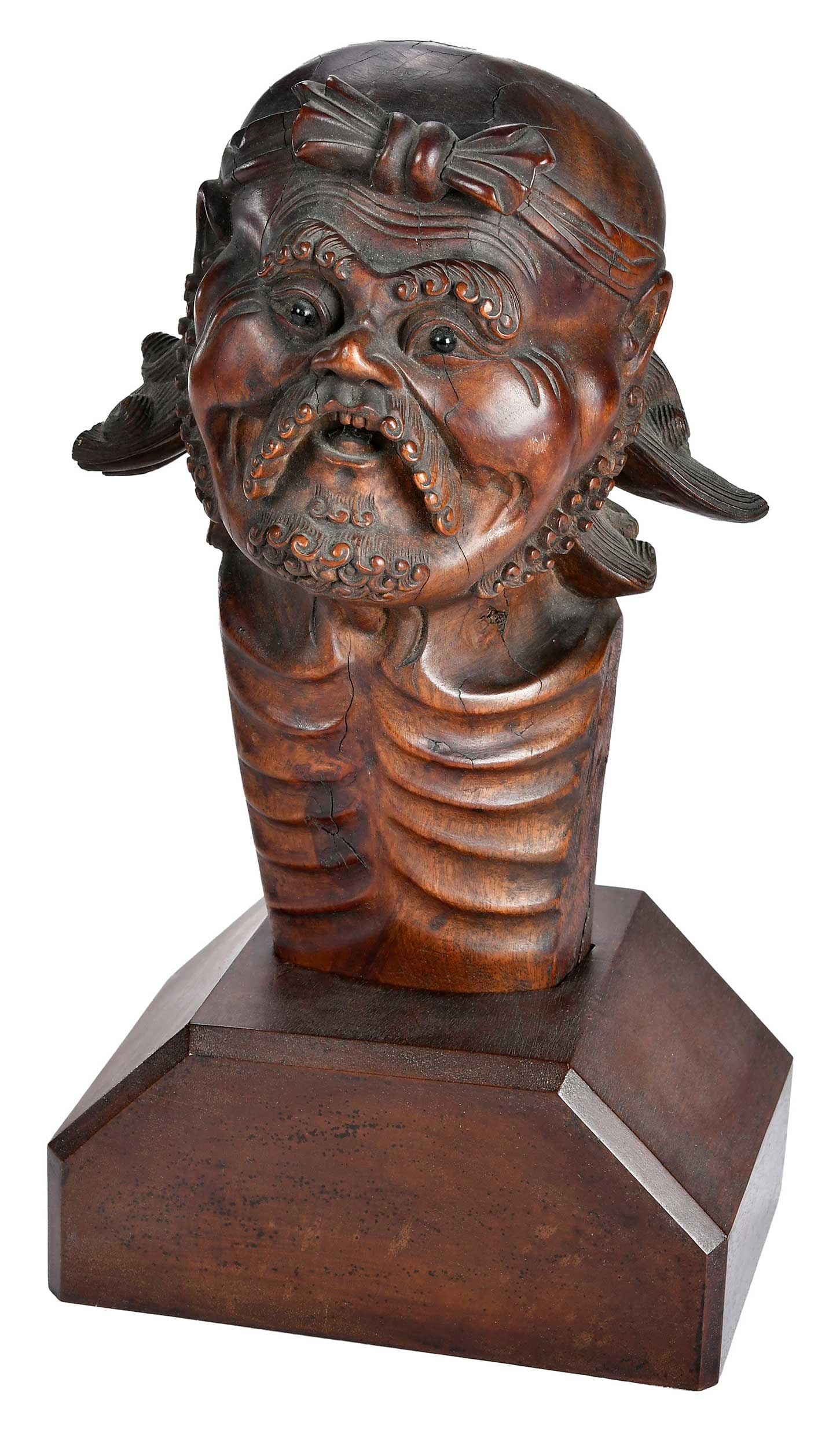 Finely Carved Asian Wood Bust on Stand: Chinese or Japanese, late 19th/20th century, possibly depicting the immortal Li Tieguai, approx. 9-1/2 x 7 x 5 in.; with custom conforming stand, height on stand 13-1/2 in. Provenance: The Collection