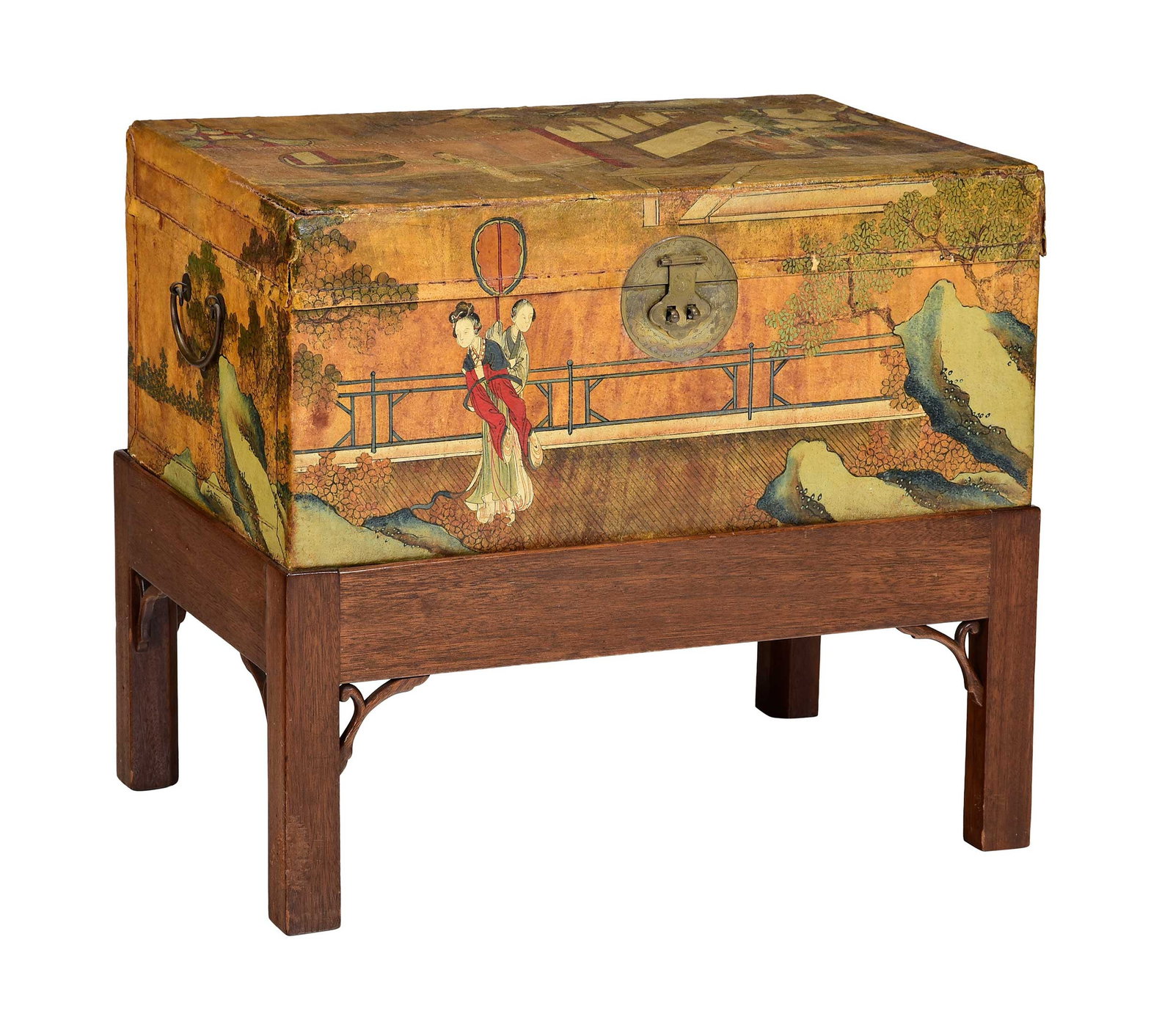 Chinese Export Painted Leather Trunk on Stand: first half 20th century, painted with figures in palace, brass hardware, Chippendale style walnut stand, 12-1/2 x 28 x 18-1/2 in. Provenance: The Collection of Joe Matthews and John Shank,