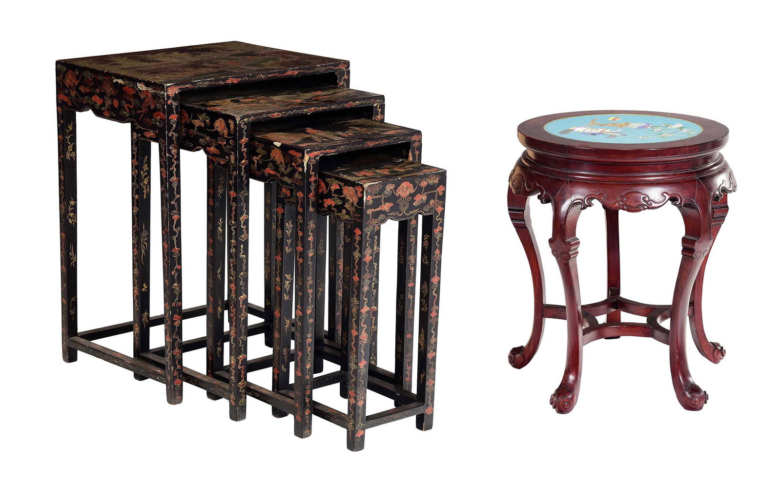 Set of Four Chinese Export Lacquered Nesting Tables: mid 20th century, black lacquer with figural scenes to top, apron with bats, gourds and lingzhi clouds, largest 27-1/4 x 19-3/4 x 15-3/4 in. Provenance: The Collection of Joe Matthews and John Shank,