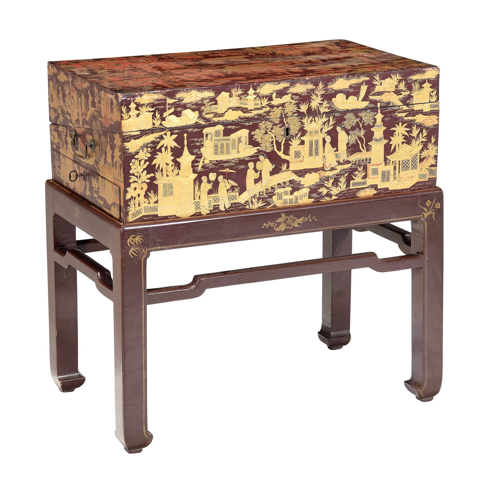 Chinese Export Lacquered Travel Desk with Stand: late 19th century, figures in red and gold on brown in river landscape, bail handles to sides, black lacquer interior with writing surface and storage compartments, the brown stand with gilt floral