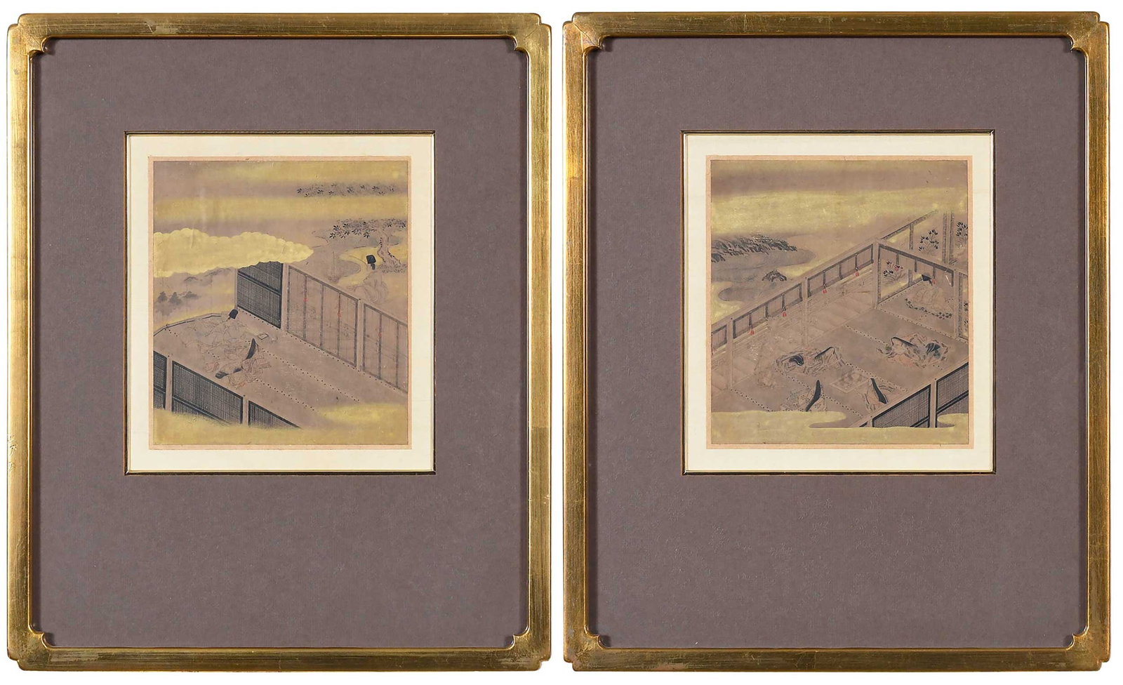 Two Framed Japanese Woodblock Prints: 19th century, unsigned, interior scenes, each image 7-1/2 x 6-5/8 in.; gilt wood frames, 16-7/8 x 13-3/4 x 7/8 in. Provenance: The Collection of Joe Matthews and John Shank, Shepherdstown, West