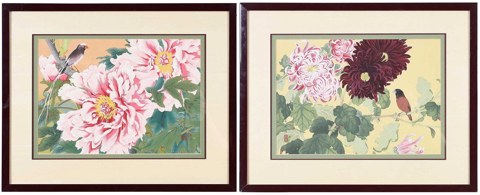 Two Tsuchiya Rakusan Woodblock Prints: (Japanese 1896-1976) both from the Rakuzan Kachou Gafu (Rakusan Flower and Bird Series), comprising: Tree-peonies and Straw-tailed Whydah (Late Spring), signature and artist's stamp to right side;