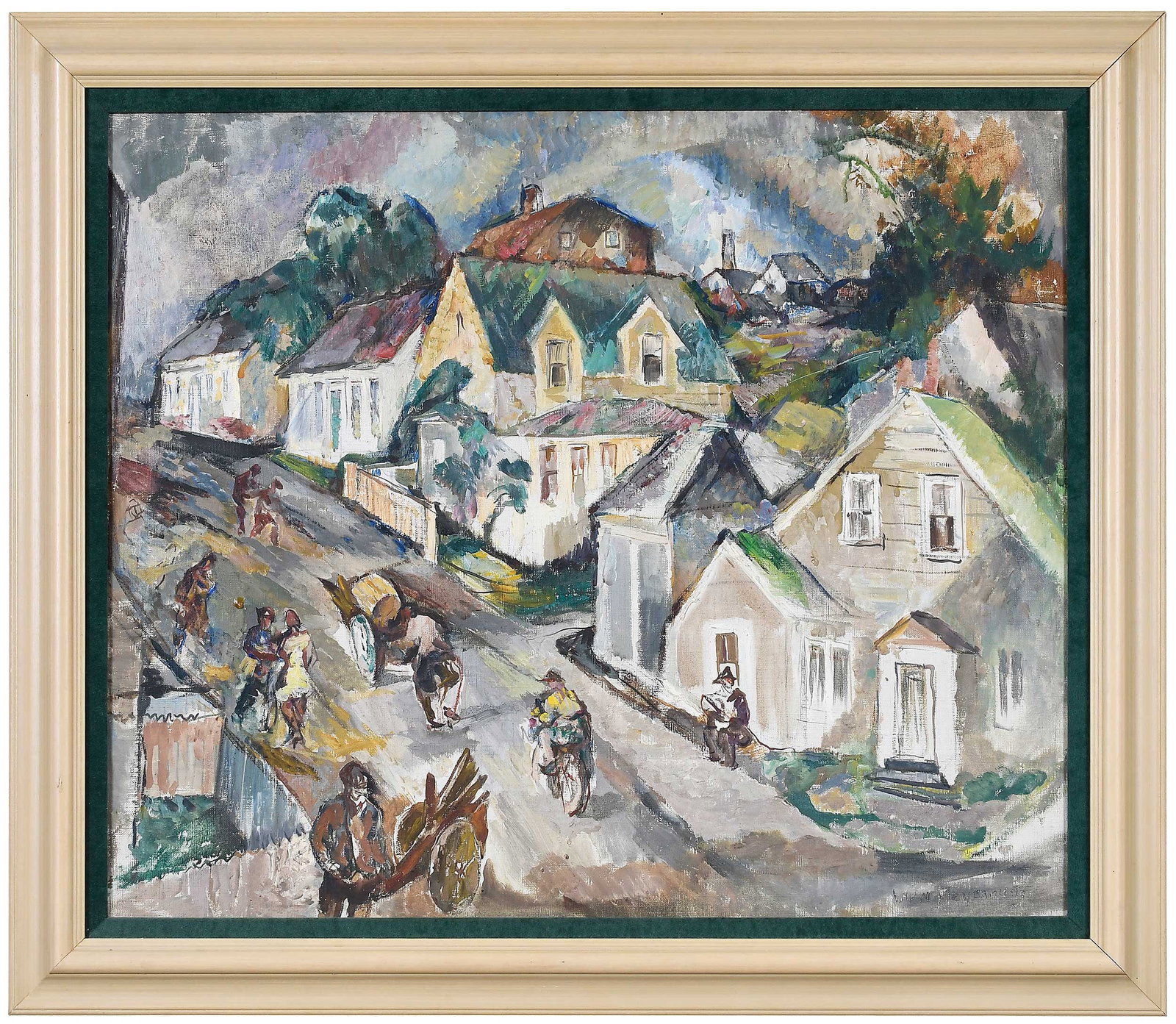 William Meyerowitz: (Ukrainian/America, 1887-1981) Town Scene, signed lower right "WM Meyerowitz," oil on canvas, 20-7/8 x 24-7/8 in.; painted wood frame, 25-5/8 x 29-1/2 x 1-5/8 in. Provenance: The Collection of Joe