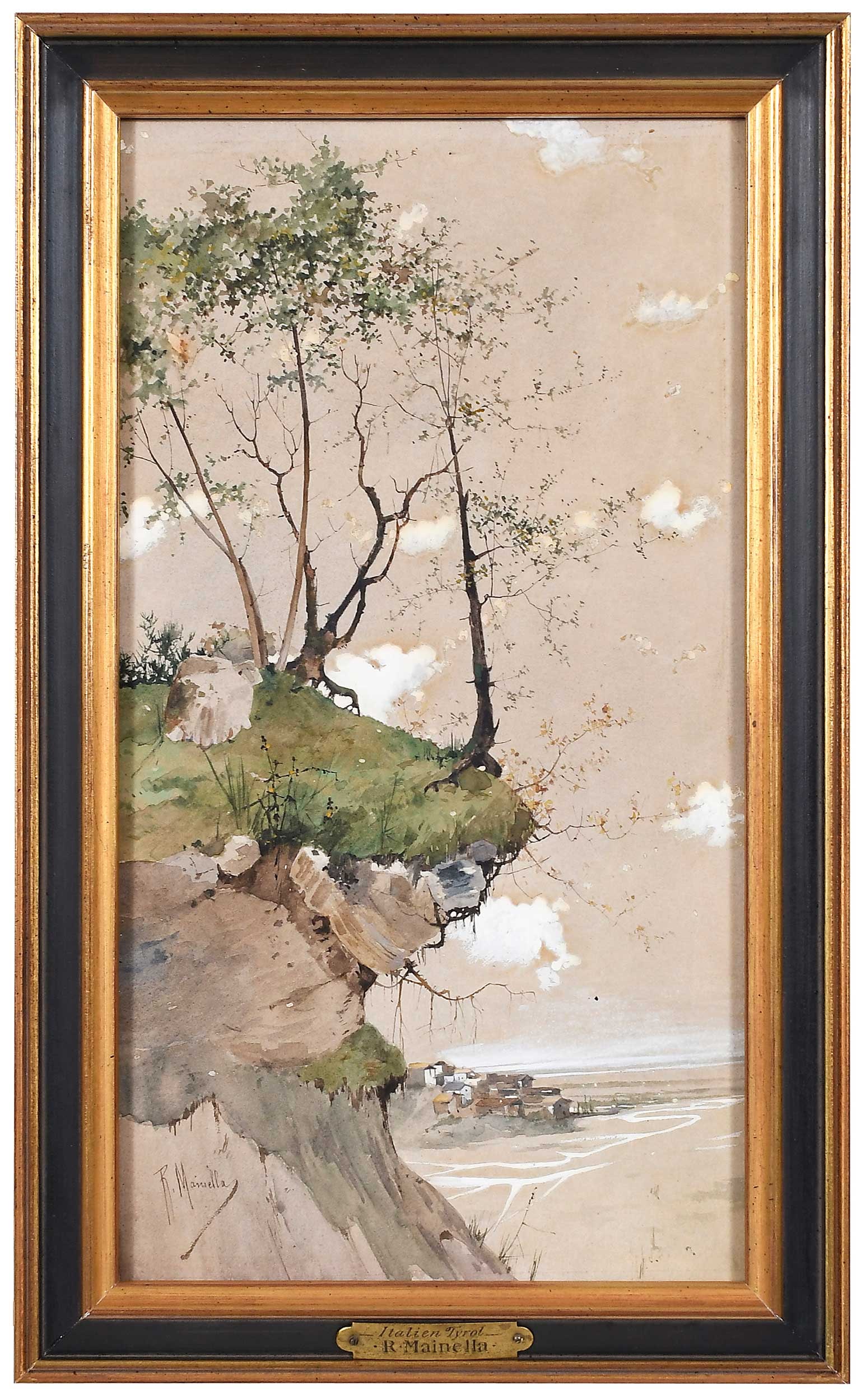 Raffaele Mainella: (Italian, 1856-1941) Italien Tyrol, signed lower left "R. Mainella," watercolor on paper on paperboard, 13-1/4 x 7-3/8 in.; parcel gilt wood frame, 15-1/8 x 9-1/4 x 3/4 in. Provenance: The Collection