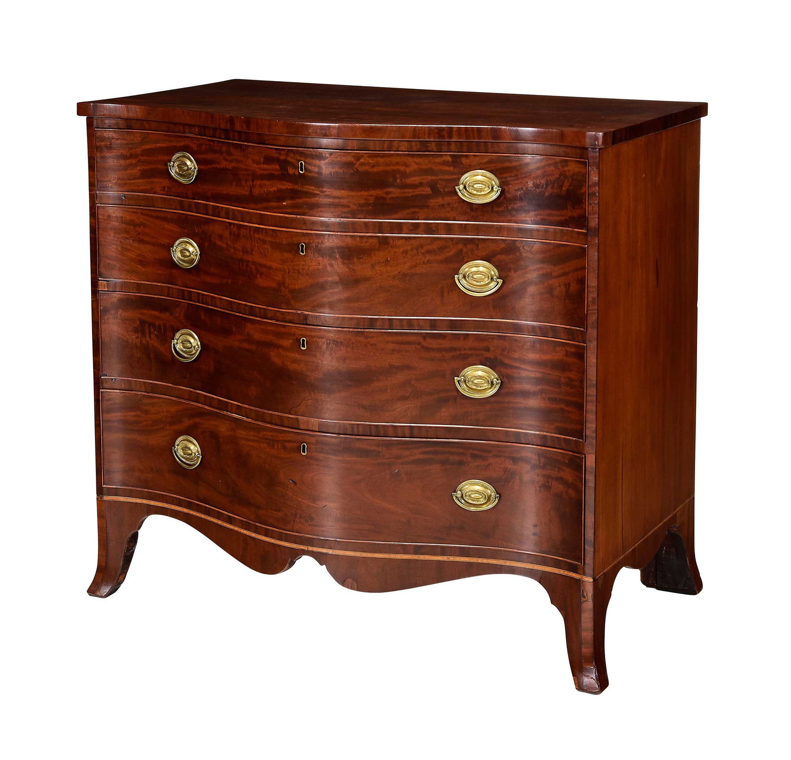 Fine Federal Inlaid and Figured Mahogany Serpentine Chest of Drawers: American, possibly Maryland or Northern Virginia, early 19th century, deeply serpentine front, four finely dovetailed graduated drawers with figured facings and original brasses, tall French feet and 