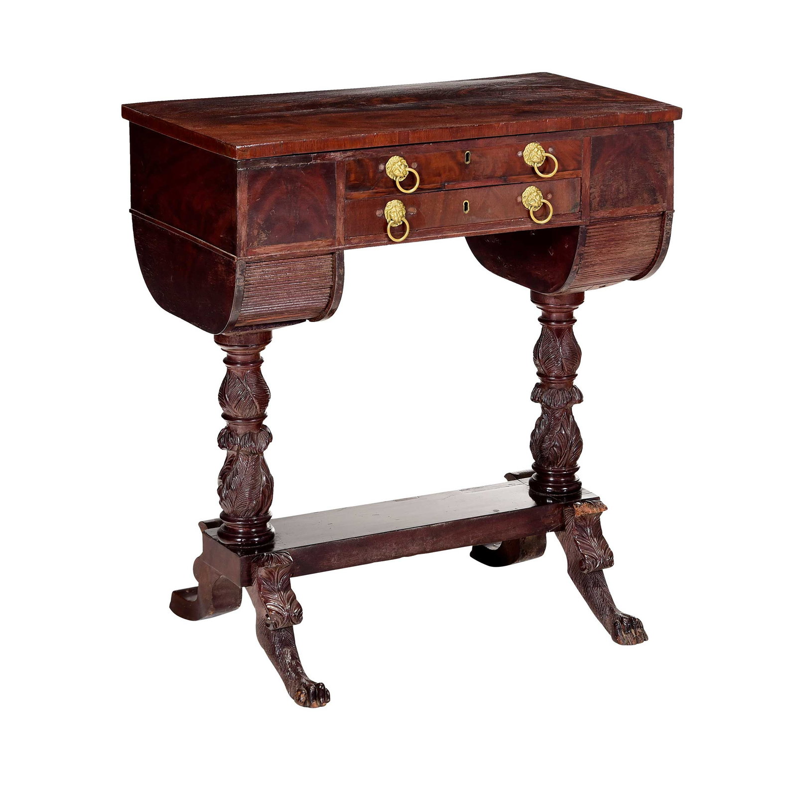American Classical Carved and Figured Mahogany Lift Top Work Table (1 of 11)