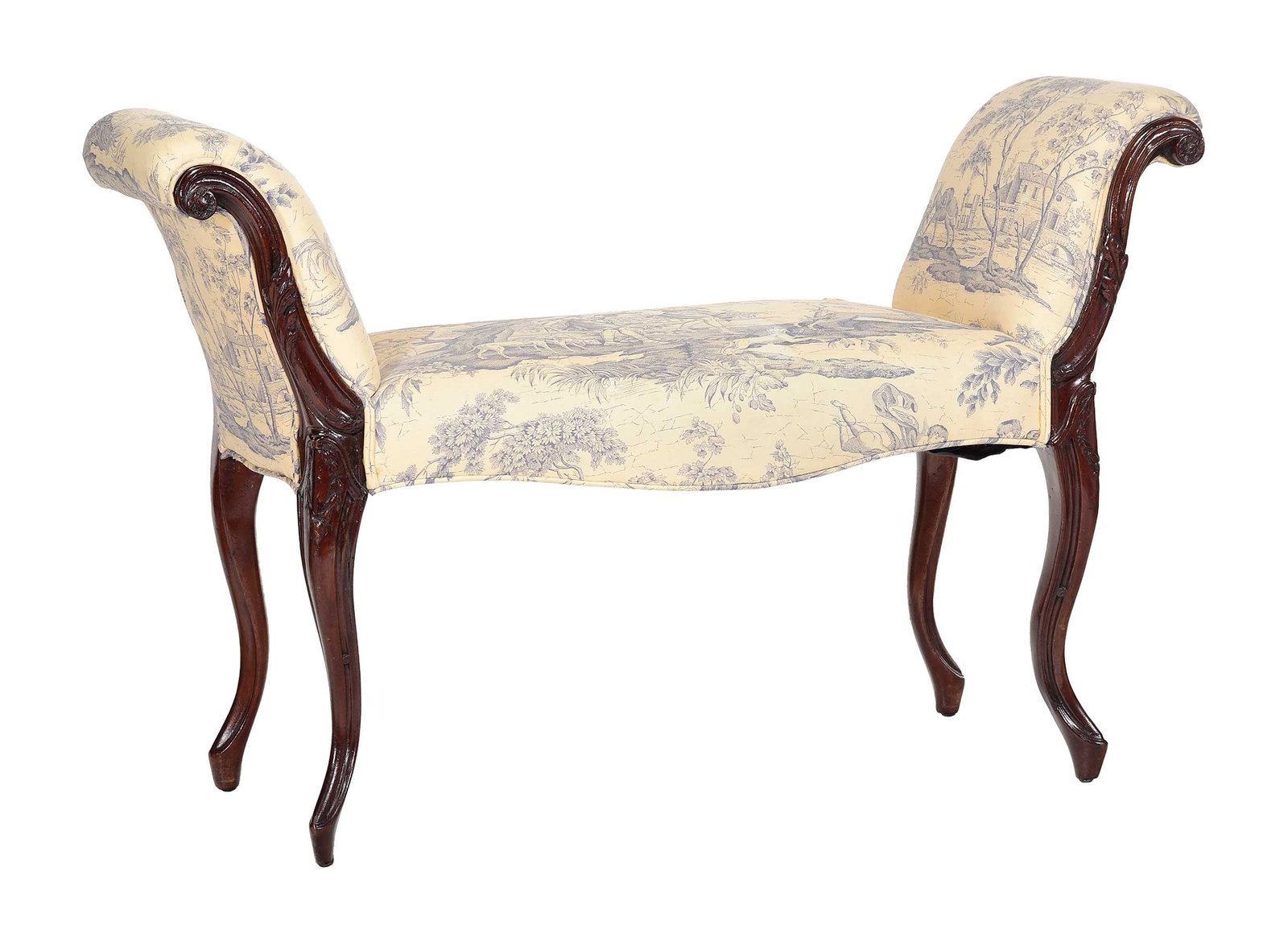 Louis XV Style Carved Walnut Toile Upholstered Window Seat (1 of 9)