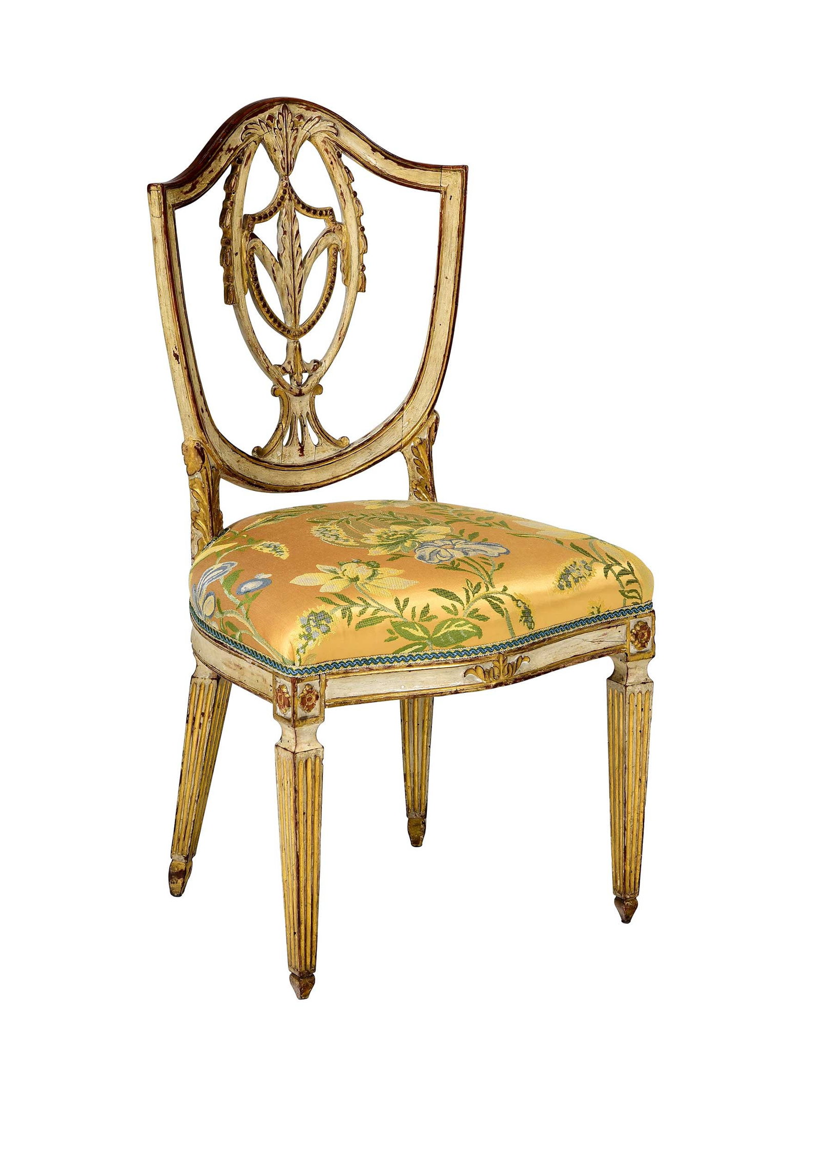Louis XVI Style Paint Decorated Chaise en Cabriolet with Label for Cassard et Cie: with label for Cassard et Cie, 19th century, white paint with parcel gilt, shield back with pierced splat, floral upholstery, 39-3/4 x 21 x 20 in., seat height 18-3/4 in. Provenance: The Collection