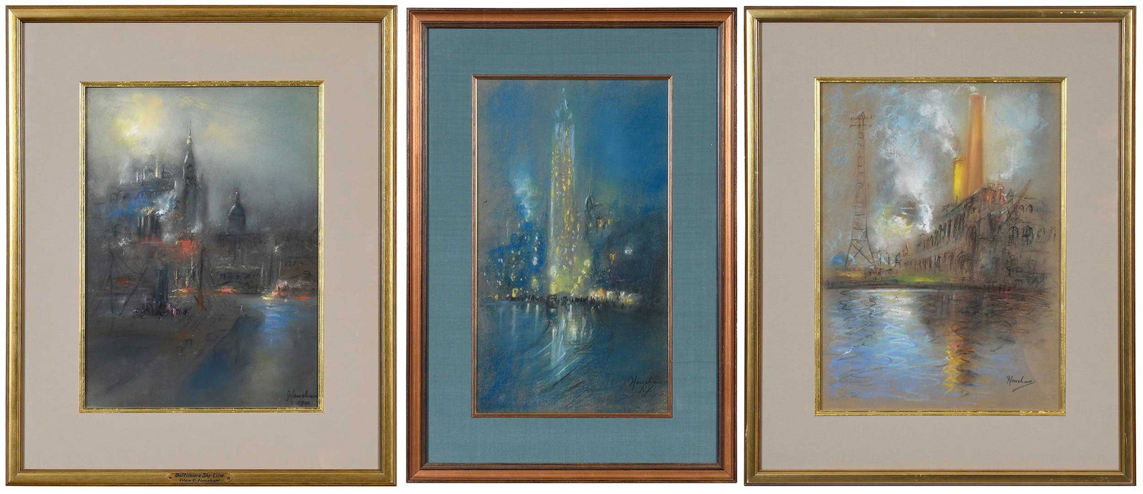 Three Works by Glen Cooper Henshaw: (American, 1880/5-1946) New York At Night, signed lower right "Henshaw N.Y.," pastel on paper, sight, 18-3/4 x 11 in.; Baltimore Sky Line, 1920, signed and dated lower right "Henshaw 1920," pastel on