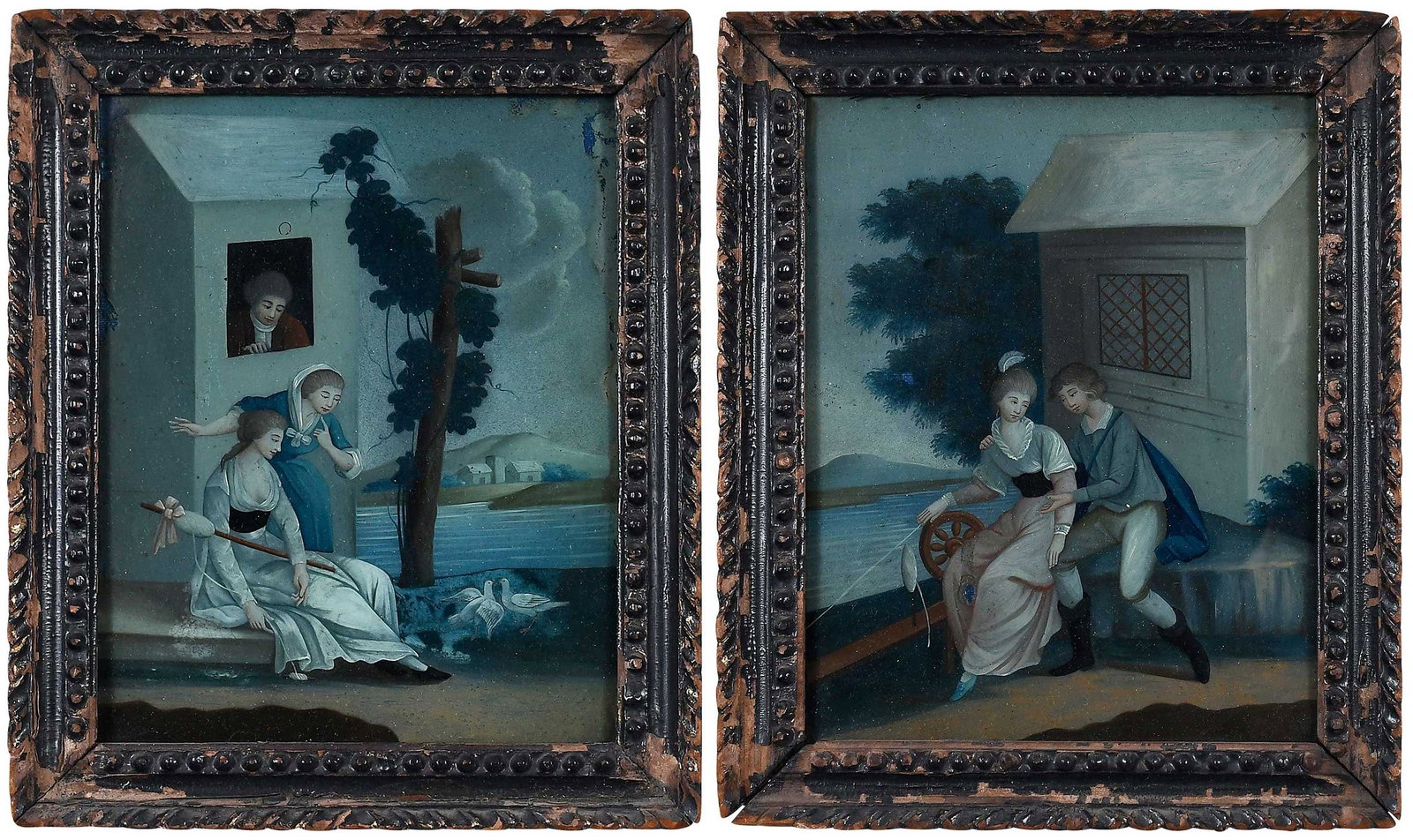 Pair of Chinese School, Reverse Painted English Scenes: (China Trade, 19th century) Two Domestic Scenes, Couple with a Spinning Wheel; Group With Doves, reverse painted on glass, sight 8-1/2 x 6-3/4 in.; original matching Chinese carved and lacquered wood