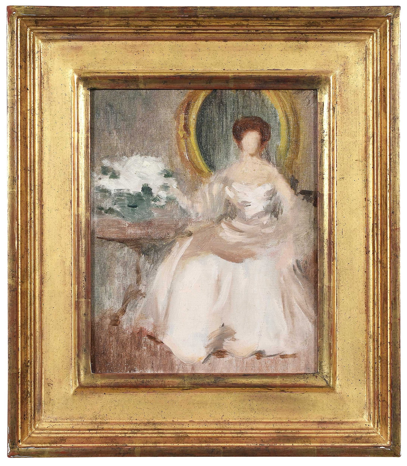 Ellen Day Hale: (American, 1855-1940) Woman in a White Gown, unsigned, oil on canvas, 10-3/8 x 8-1/4 in.; fine gilt wood frame, 15-3/4 x 13-1/2 x 1-3/8 in. Provenance: The Artist's Estate (estate stamp verso);
