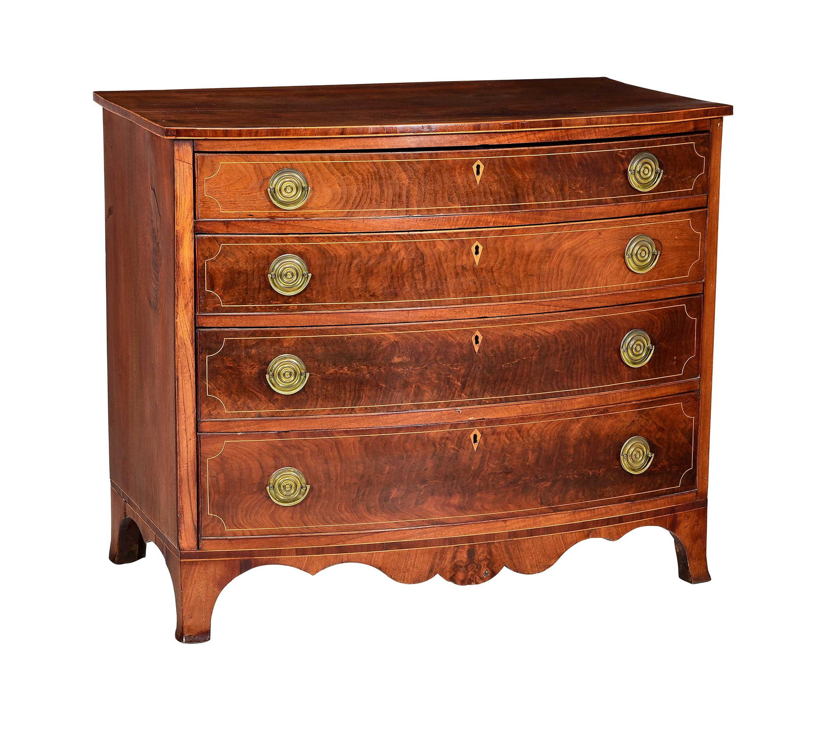American Federal Inlaid and Figured Walnut Bowfront Chest of Drawers with Owner's Brand (1 of 19)