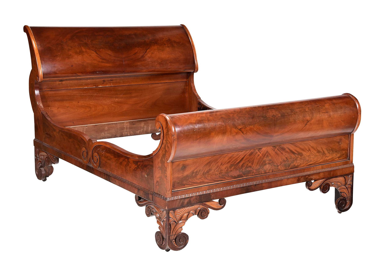 American Classical Carved and Figured Mahogany Sleigh Bed (1 of 20)