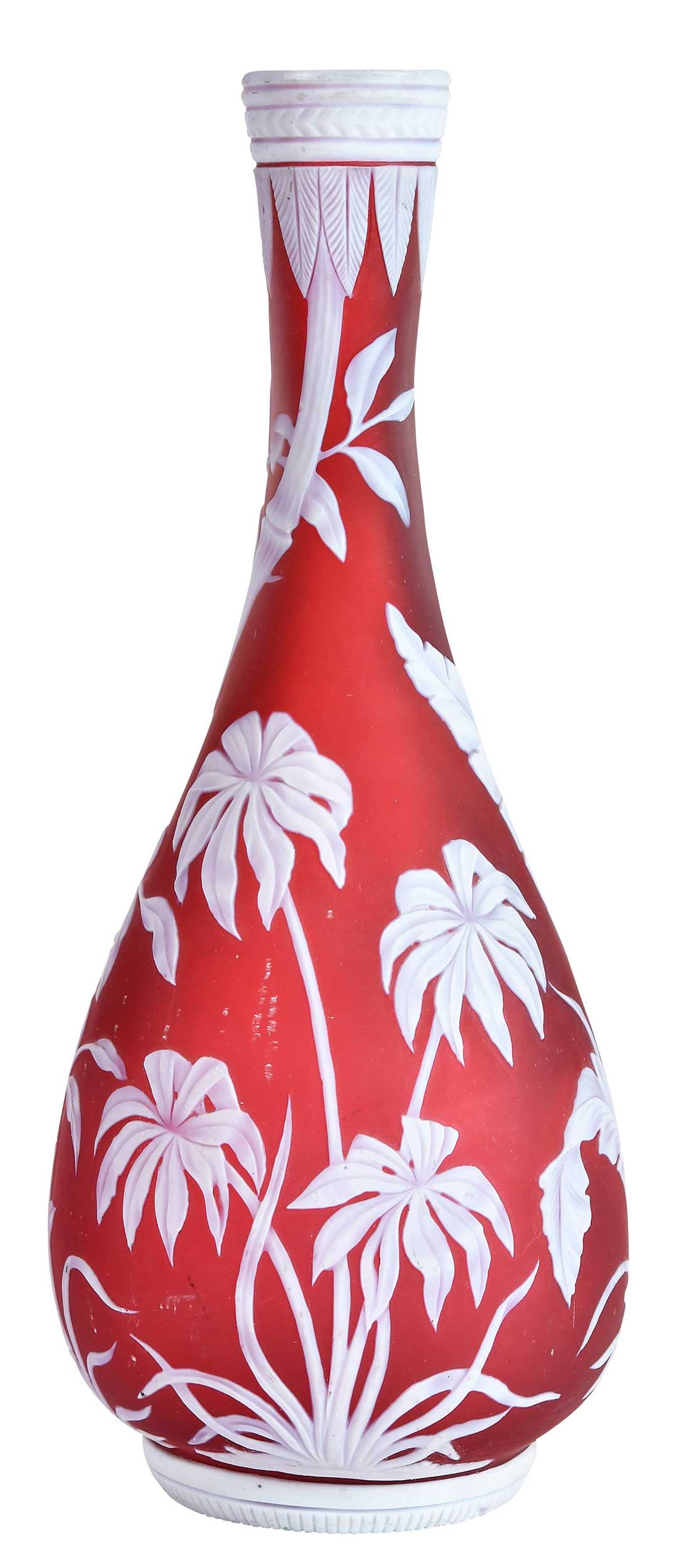 Thomas Webb Attributed Red and White Bamboo Cameo Glass Vase: 19th/20th century, apparently unmarked, 11-3/4 x 4-7/8 x 4-7/8 in. Provenance: The Collection of Joe Matthews and John Shank, Shepherdstown, West Virginia