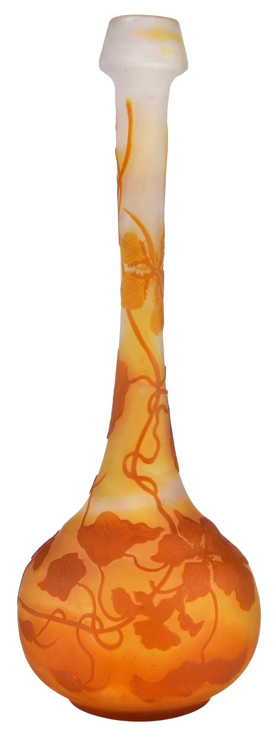 Cameo Glass Vase Bearing Galle Signature: 20th century, bulbous mouth, long slender neck, globular body with pinched sides, orange floral motif on clear and yellow ground, signed "galle", 12-1/2 x 4-1/4 x 4-1/4 in. Provenance: The Collection 