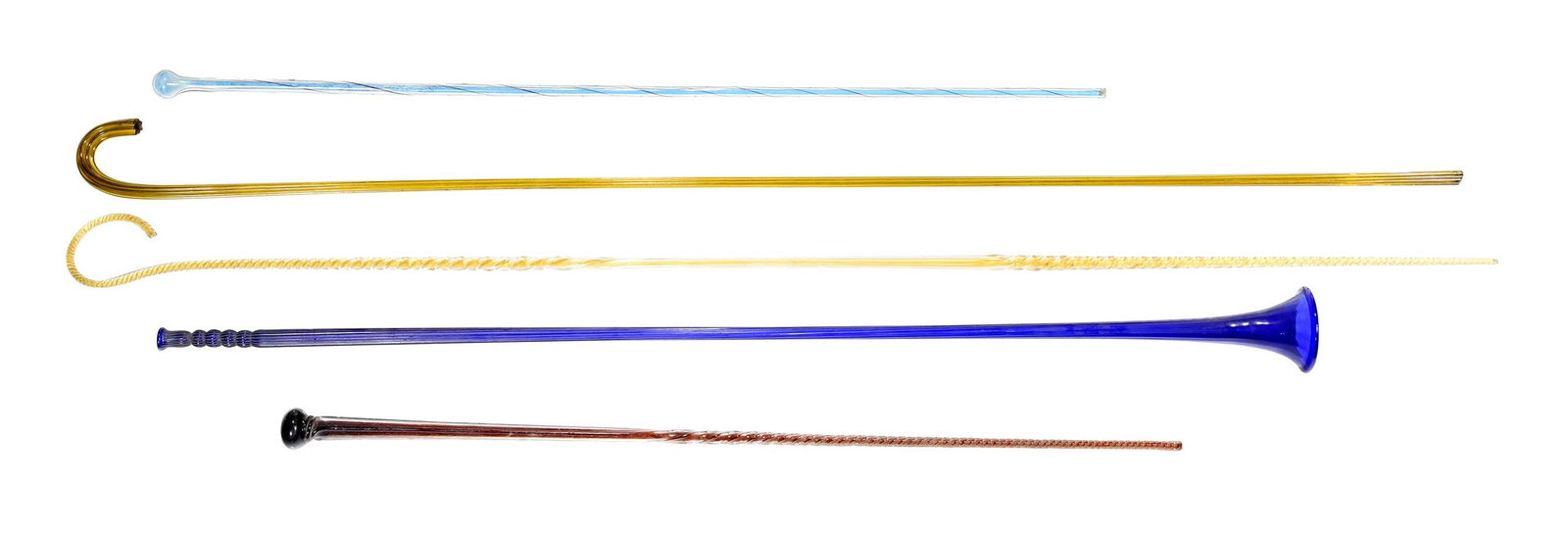 Five Glass Walking Sticks/Parade Staves: late 19th/early 20th century, largest 50-1/2 x 3 x 1/2 in. Provenance: The Collection of Joe Matthews and John Shank, Shepherdstown, West Virginia