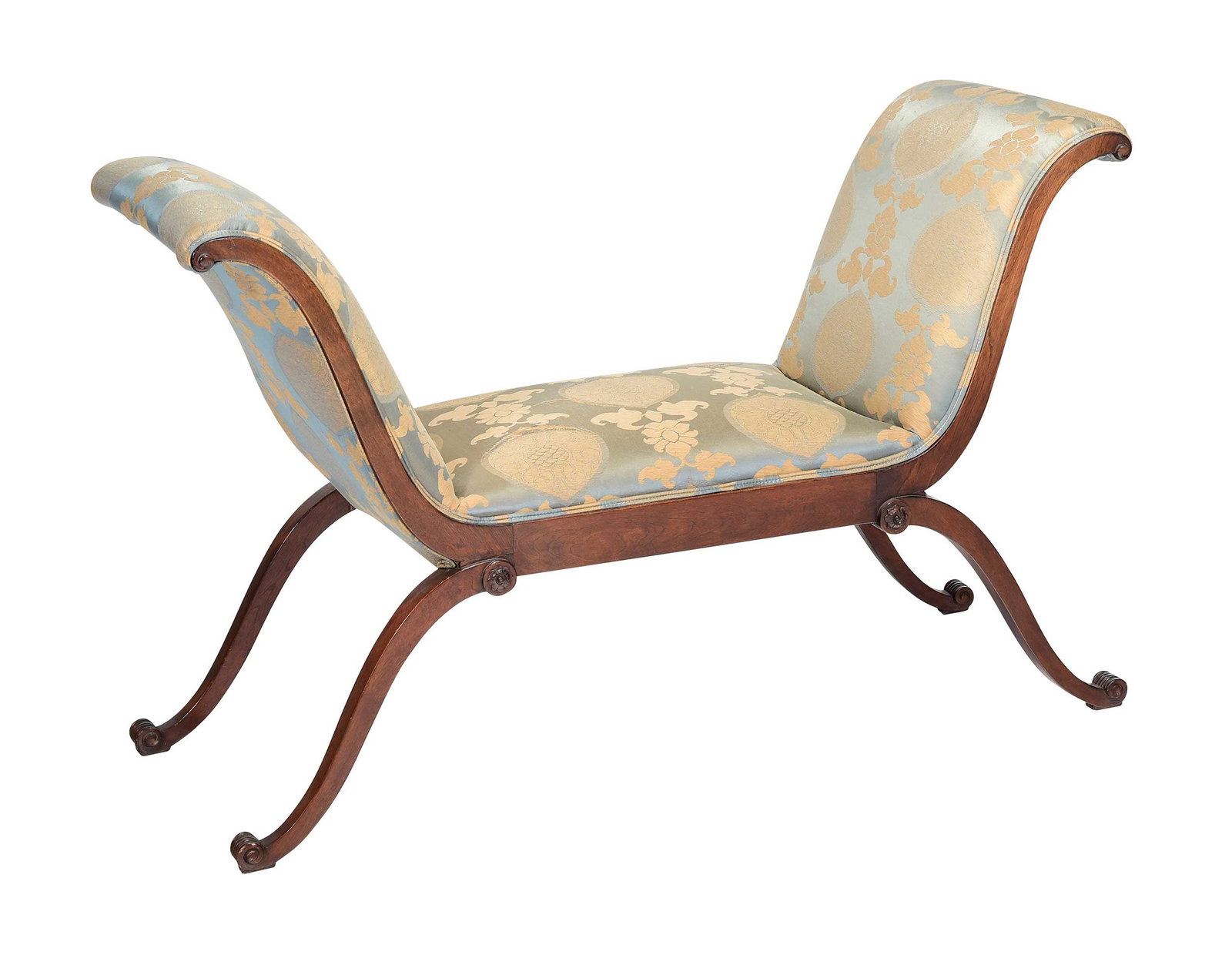 Regency Style Carved Mahogany Window Seat with Silk Upholstery (1 of 7)