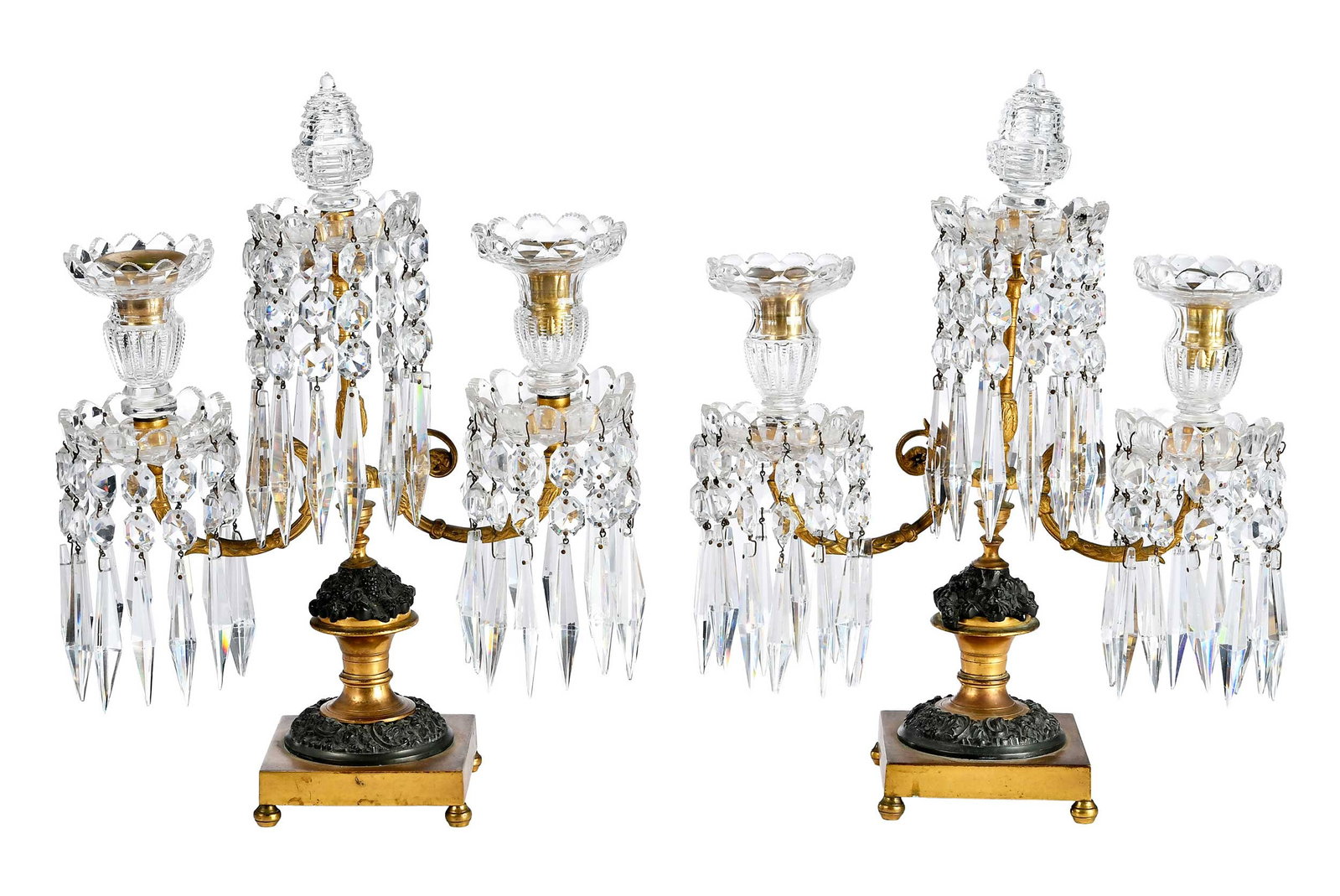 Pair of Continental Gilt Bronze Two Light Candelabra with Cut Glass Adornments (1 of 5)