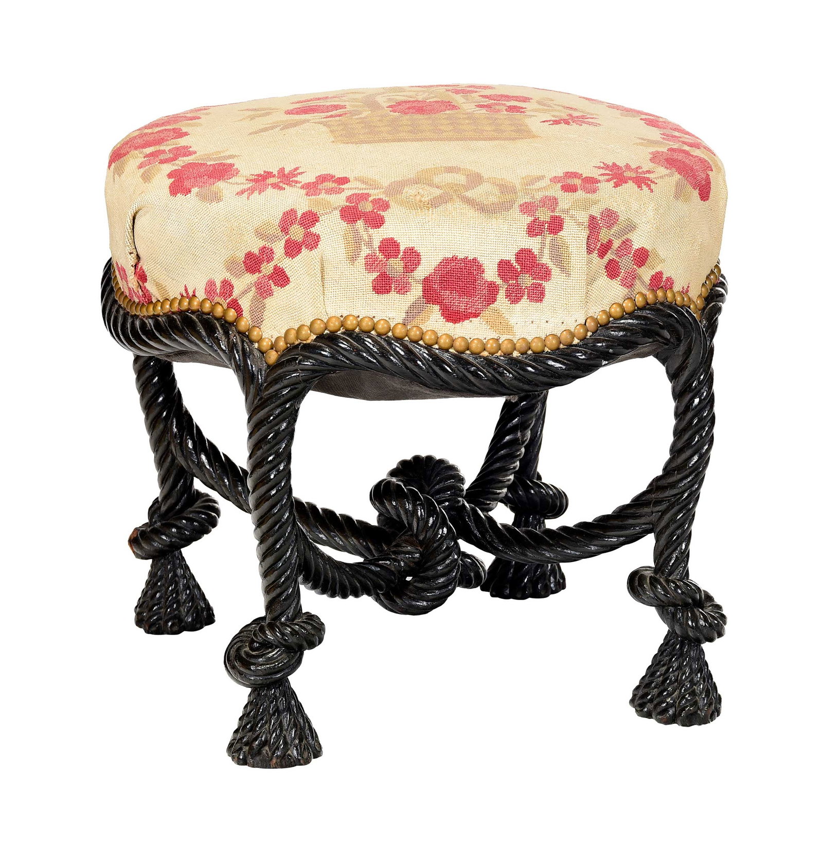 Napoleon III Carved and Ebonized Stool Rope Twist: French, mid 19th century, brass tacked floral needlepoint upholstery, probably original black paint, rope or tassel carved frame with knotted stretcher, 16-1/2 x 18-3/4 x 18-1/2 in. Provenance: The Co