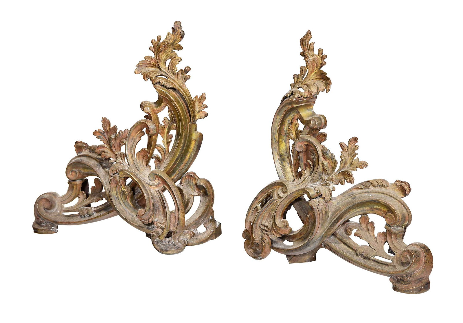Pair of Bronze Louis XV Style Scrolled Foliate Chenets: French, late 19th/early 20th century, red patina, 15 x 13-1/2 x 4-3/4 in. Provenance: The Collection of Joe Matthews and John Shank, Shepherdstown, West Virginia