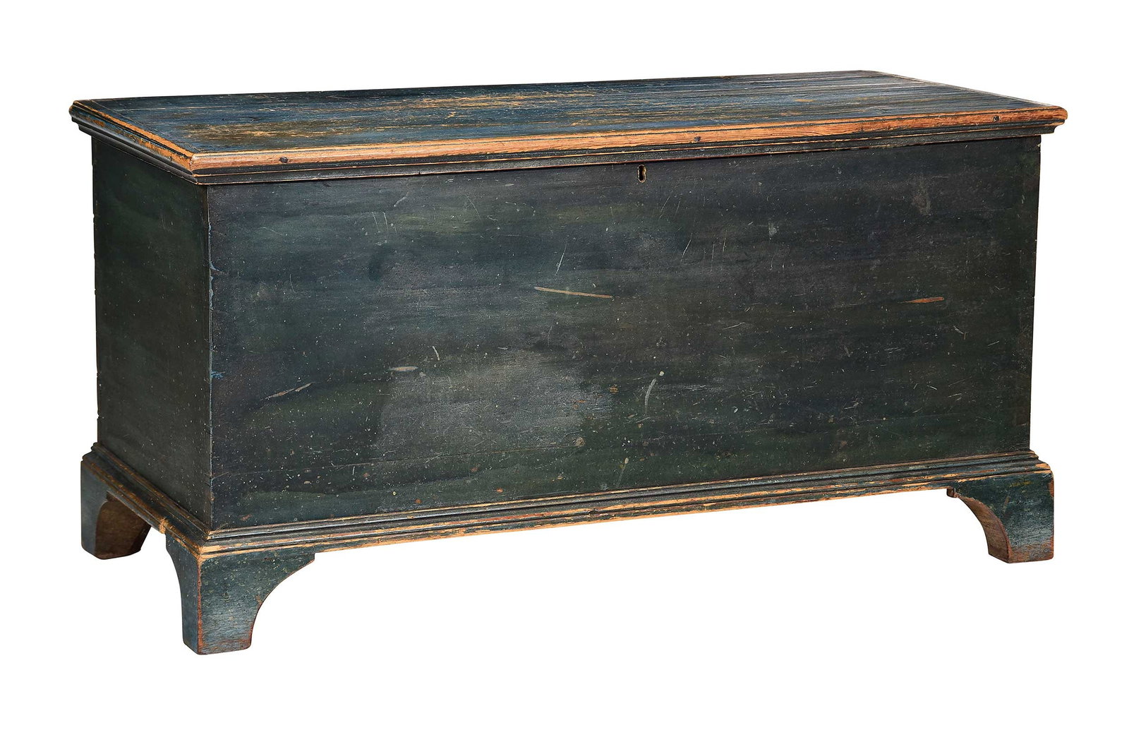 American Federal Paint Decorated Blanket Chest: Southern States or Pennsylvania, late 18th/early 19th century, dovetailed construction, original iron strap hinges, blue and green paint, till to interior, bracket feet, 24-1/2 x 47-1/4 x 21-1/2 in.
