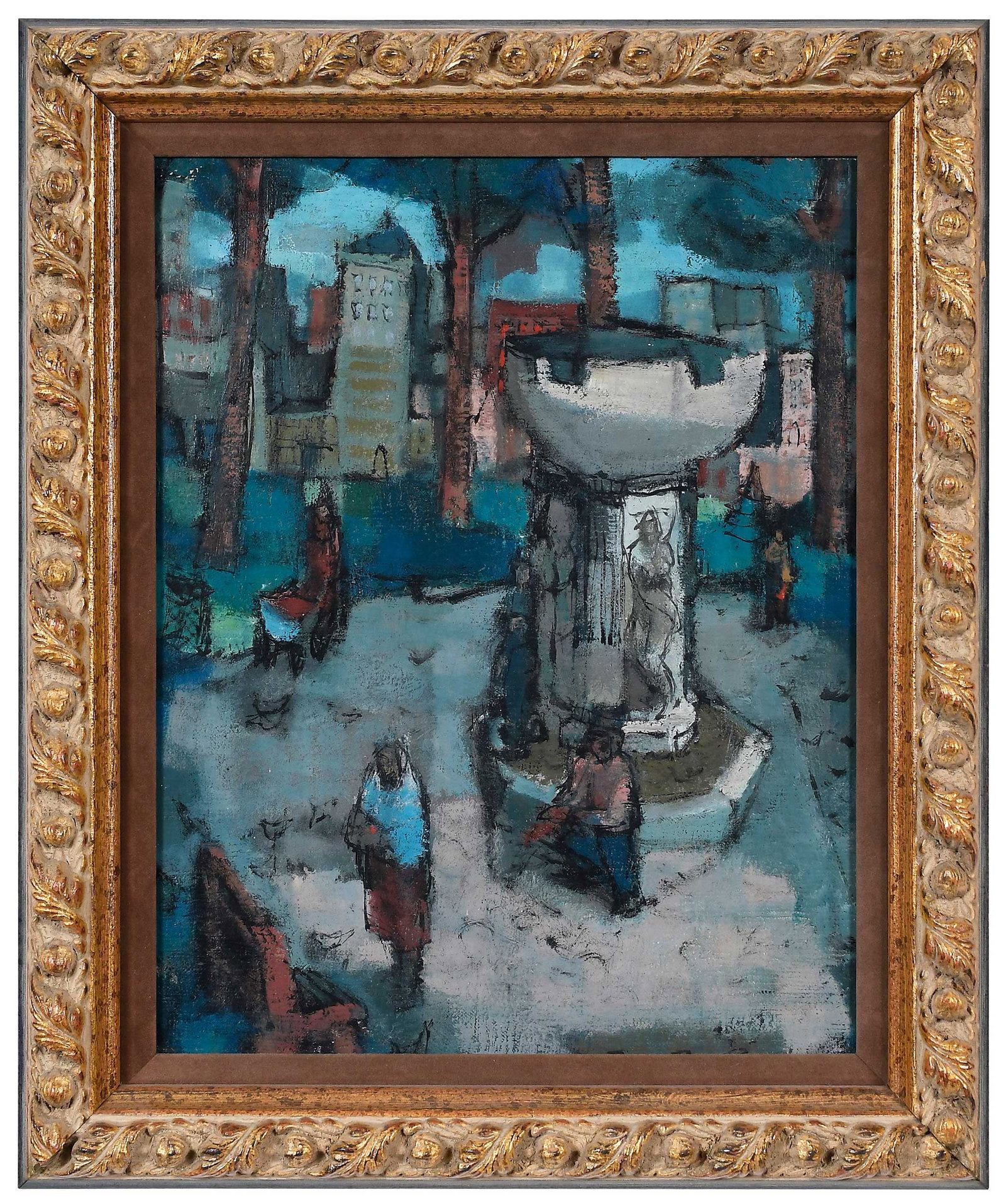 John Chapman Lewis: (American, 1920-1995) People in a City Square, signed verso "John Chapman Lewis," oil on canvas mounted to board, 16-7/8 x 13-1/2 in.; painted and gilt wood frame, 21-3/8 x 18 x 2 in. Provenance: The