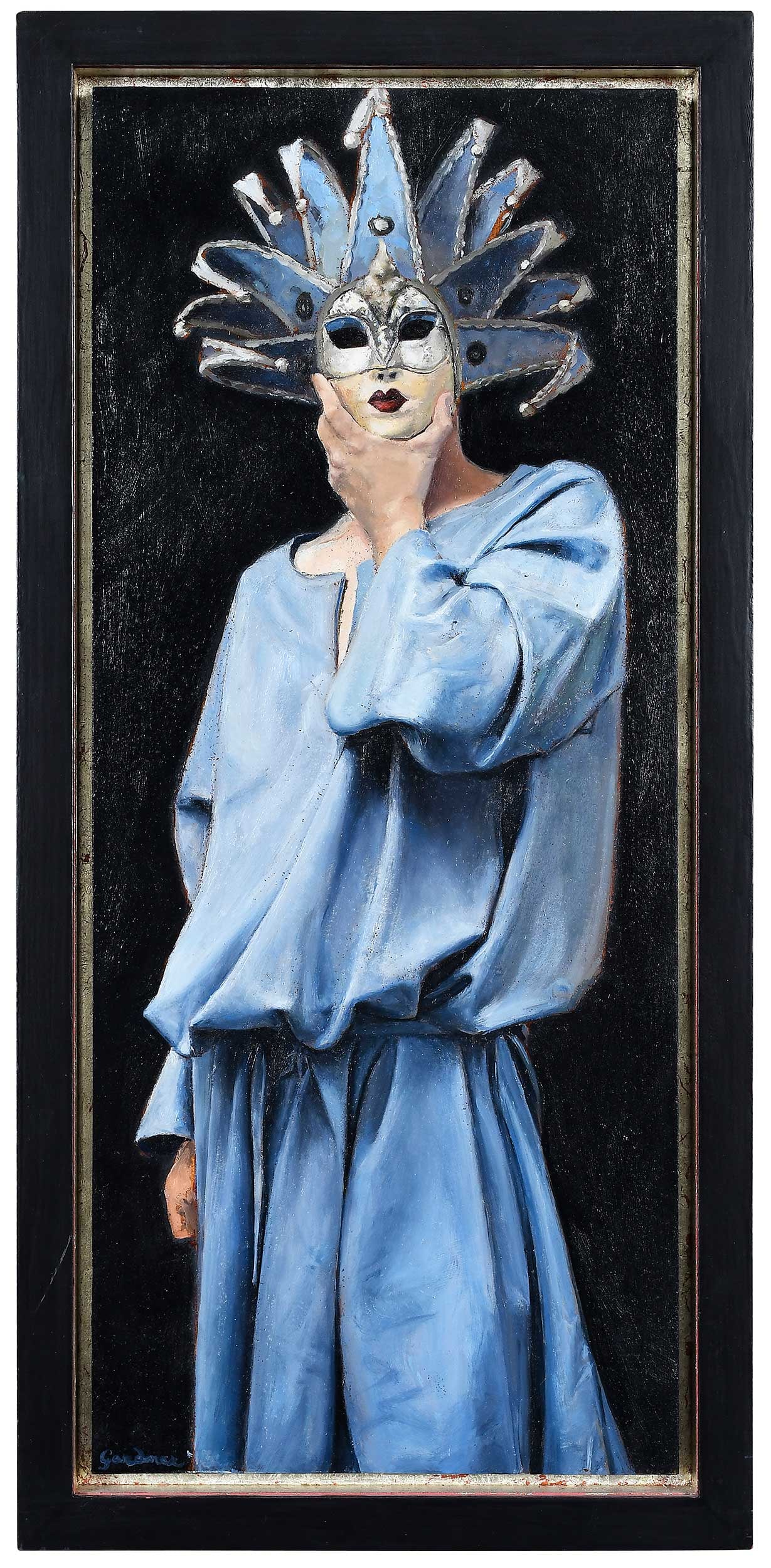 Gavin T. Gardner: (California, born 1977) Self-Portrait: The Mysteries of Blue/Carnivale, signed lower left "Gardner," oil on panel, 18-1/2 x 7-3/4 in.; painted frame, 20-1/2 x 9-3/4 x 1-7/8 in. Provenance: McBride