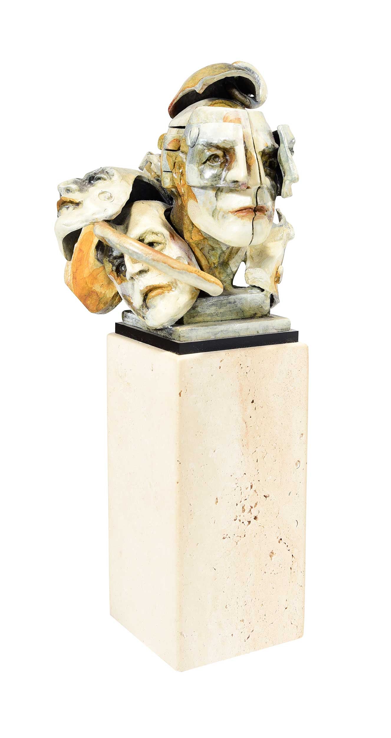 Theodore Gall: (American, born 1941) Untitled, head with masks, a unique work for the Facets series, signed on edge "T. Gall", articulated patinated and cold-painted bronze on a travertine base, overall 11-1/2 x
