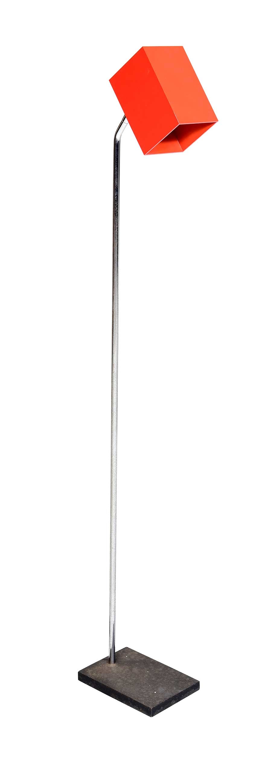 Sonneman for Kovacs Mid Century Modern Floor Lamp: American, circa 1975, single light lamp with red metal shade, narrow chrome plated stand, black metal base, unsigned, 49-1/4 x 5-1/2 x 8 in. Provenance: The Collection of Joe Matthews and John Shank,