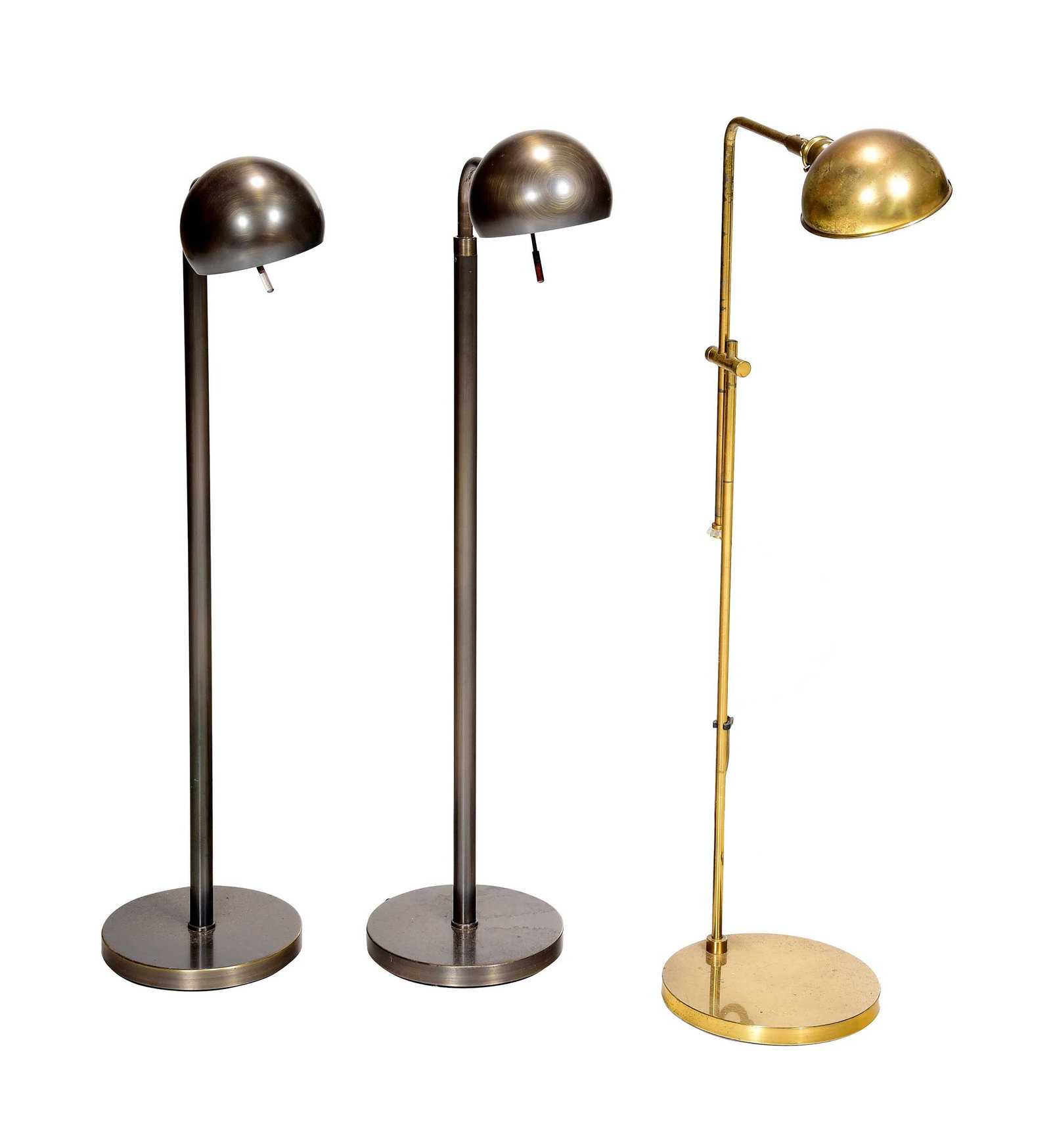 Three Vintage Brass Reading Lamps: comprising mid century adjustable height example, 40-1/2 x 17-1/2 x 10 in; 1980s or later near pair of contemporary telescoping burnished brass examples, larger 41 x 20 x 10 in. Provenance: The
