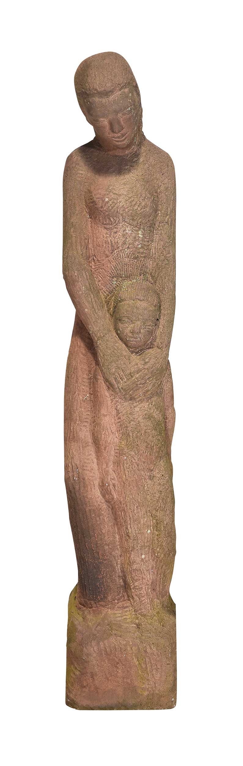 Stone Mother and Child Garden Sculpture: 20th century, unsigned, cast and/or carved stone with reddish surface, mother 53 x 7-1/4 x 9 in. Provenance: The Collection of Joe Matthews and John Shank, Shepherdstown, West Virginia