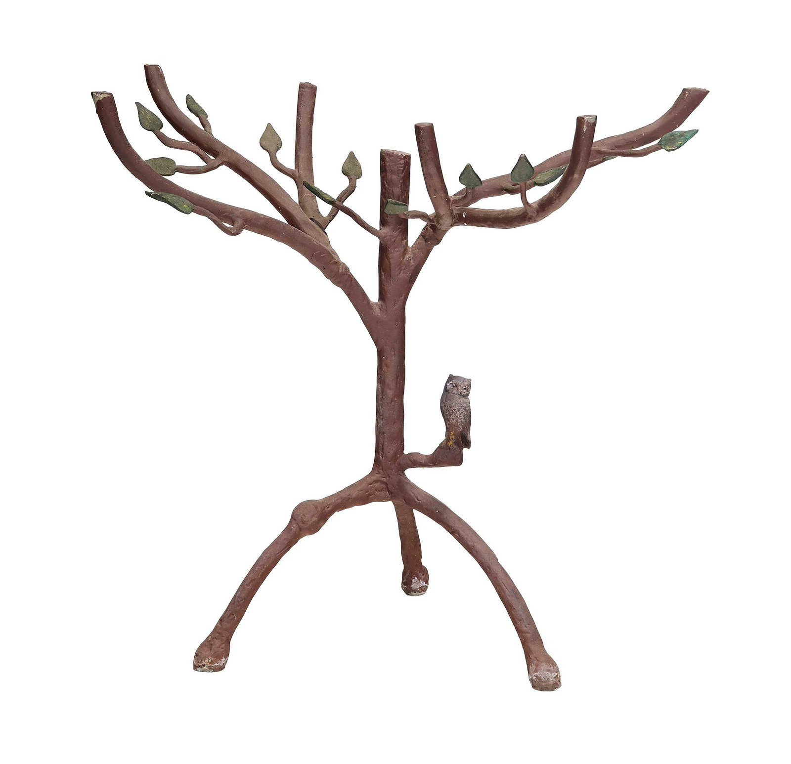 Cast Iron Branch Form Garden Table with Owl: 20th century, cast aluminum, the leaved branches supporting one owl at base, old brown and green paint, 25-1/2 x 26 x 18 in. Provenance: The Collection of Joe Matthews and John Shank, Shepherdstown,