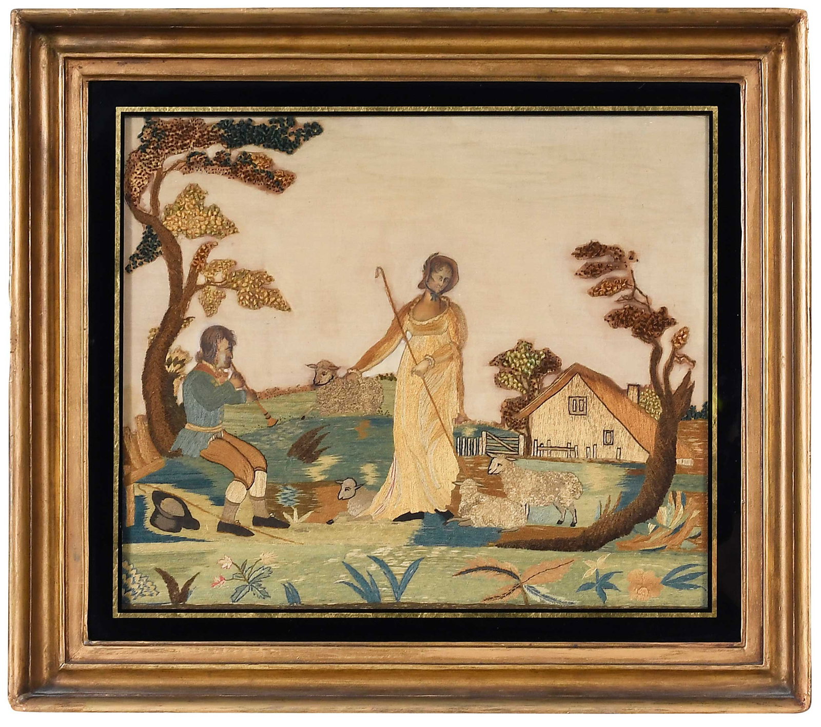 19th Century English Pictorial Needlework of Pastoral Scene: silk on silk with raw silk backing, figures with painted silk faces, sight 14-1/2 x 17-1/8 in., overall 17-1/2 x 20 in.; tacked to likely original strainer and in period/likely original parcel gilt fr