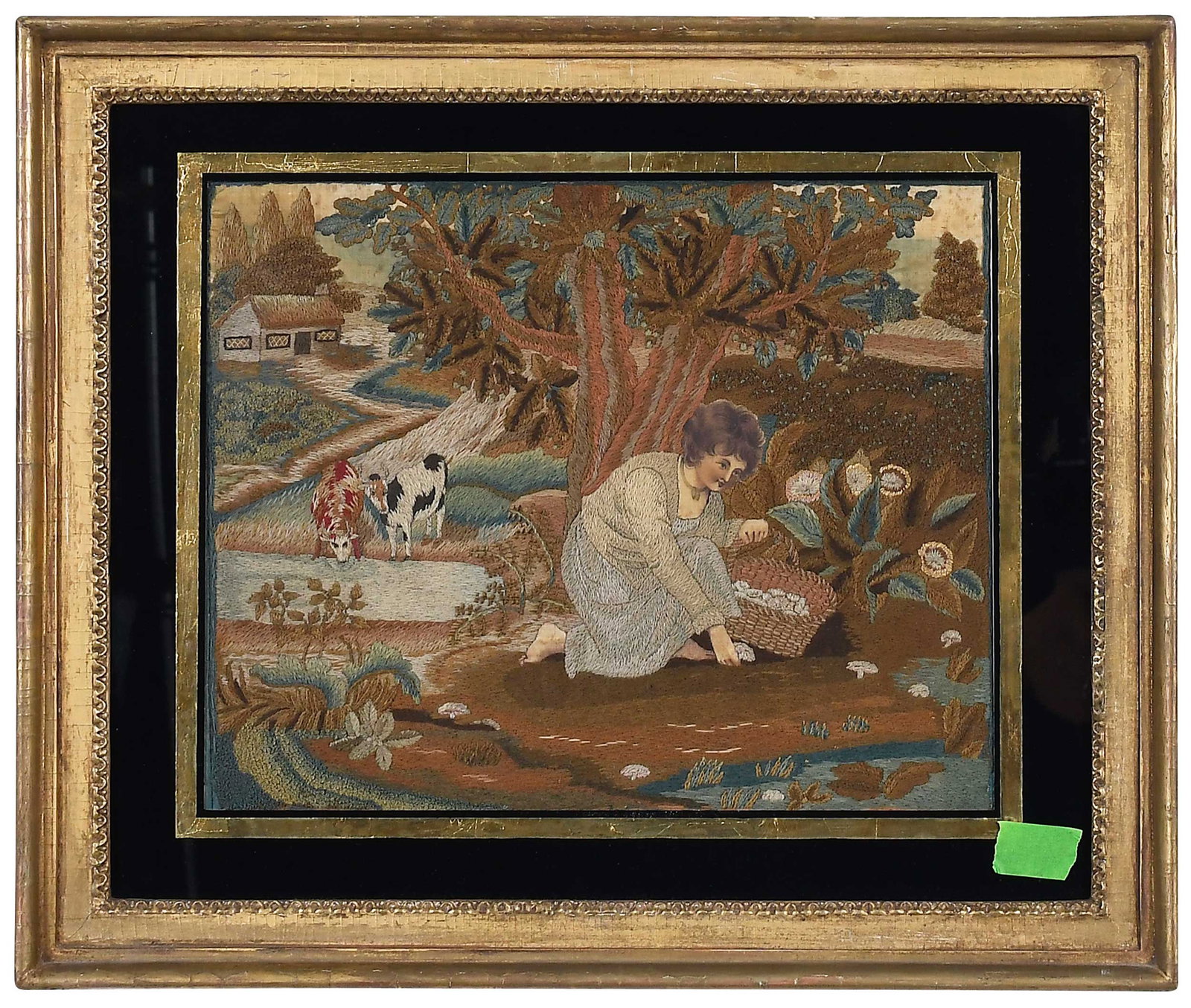 Early 19th Century English Needlework of Mushroom Foraging Scene: crewel wool and silk on silk, painted silk face and extremities, backing adhered to period strainer, panel 11-1/2 x 14 in., overall 14 x 16 in.; in parcel gilt period frame with eglomise mat, original