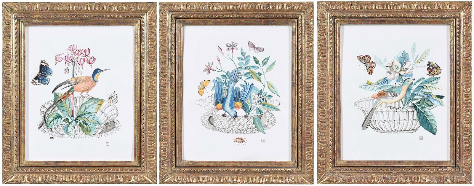 Three Lucy Jane Cope Naturalist Works: (British, 20th/21st century) Each featuring birds, insects, flowers and porcelain baskets, 1994, signed lower right with artist's stamp "Lucy Jane Cope" and dated, watercolor on paper, sight 15-1/2 x 