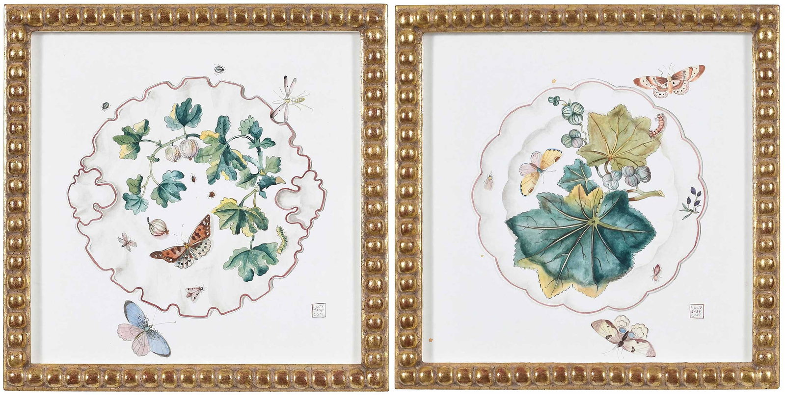 Two Lucy Jane Cope Naturalist Works: (British, 20th/21st century) Each featuring Chelsea plates, decorations derived from designs by the naturalist Maria Sibylla Merian, including flowers, butterflies and other insects, circa 1994, stamp