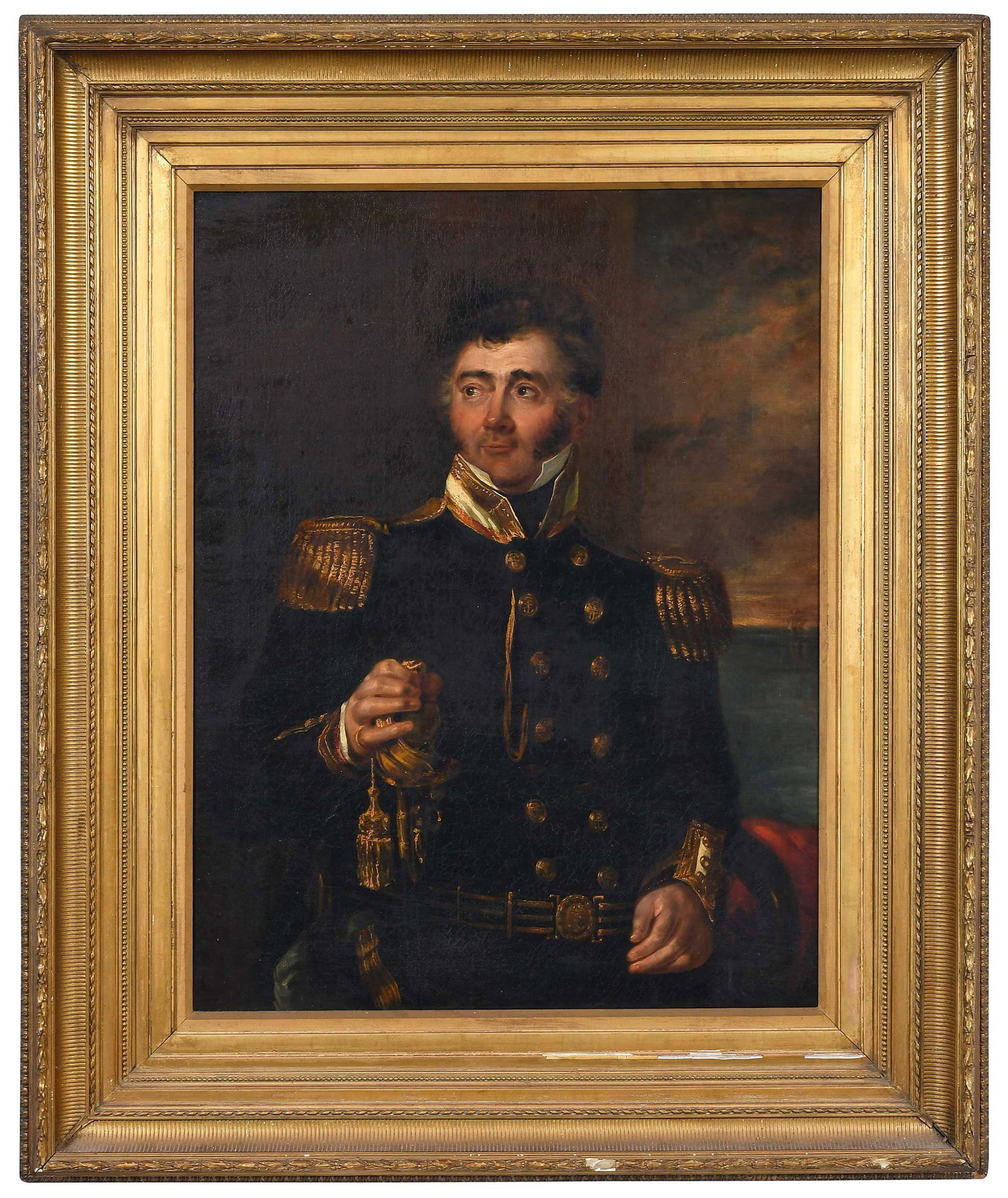 Henry William Pickersgill, Portrait of a Naval Commander: (British, 1782-1875) Said to be John Hay (born 1804), Commander of the H.M.S. Prometheus, unsigned, 36 x 27-3/4 in.; 19th century gilt wood and composition frame, 49-1/4 x 40-3/4 in. Provenance: Presu