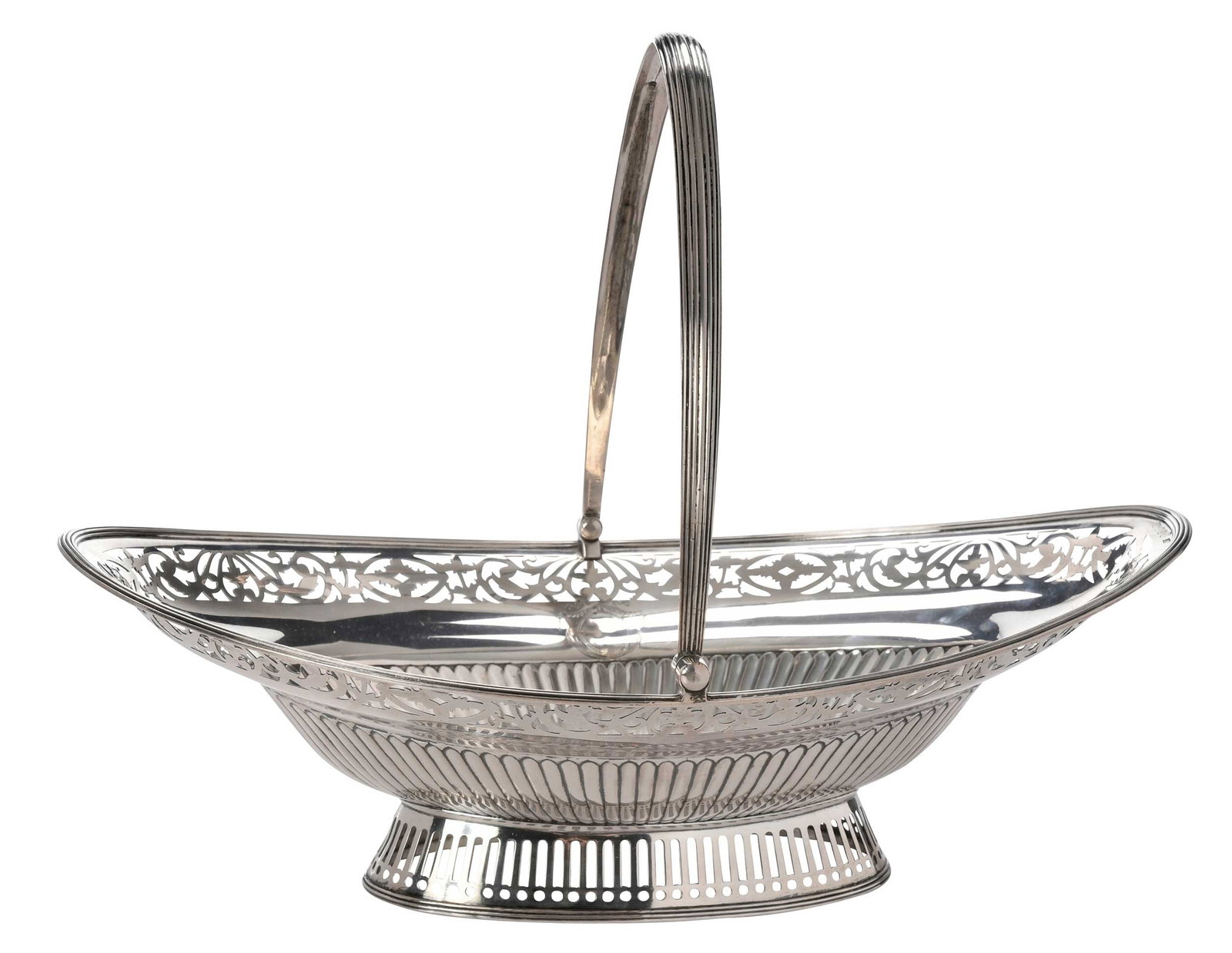 George III English Silver Basket: London, 1787, oval with reeded base and open work border, side cartouches, partial makers mark, .925 fine, 24.62 oz. T., 10-3/4 x 14-1/4 x 10 in. Provenance: Private Virginia Collection