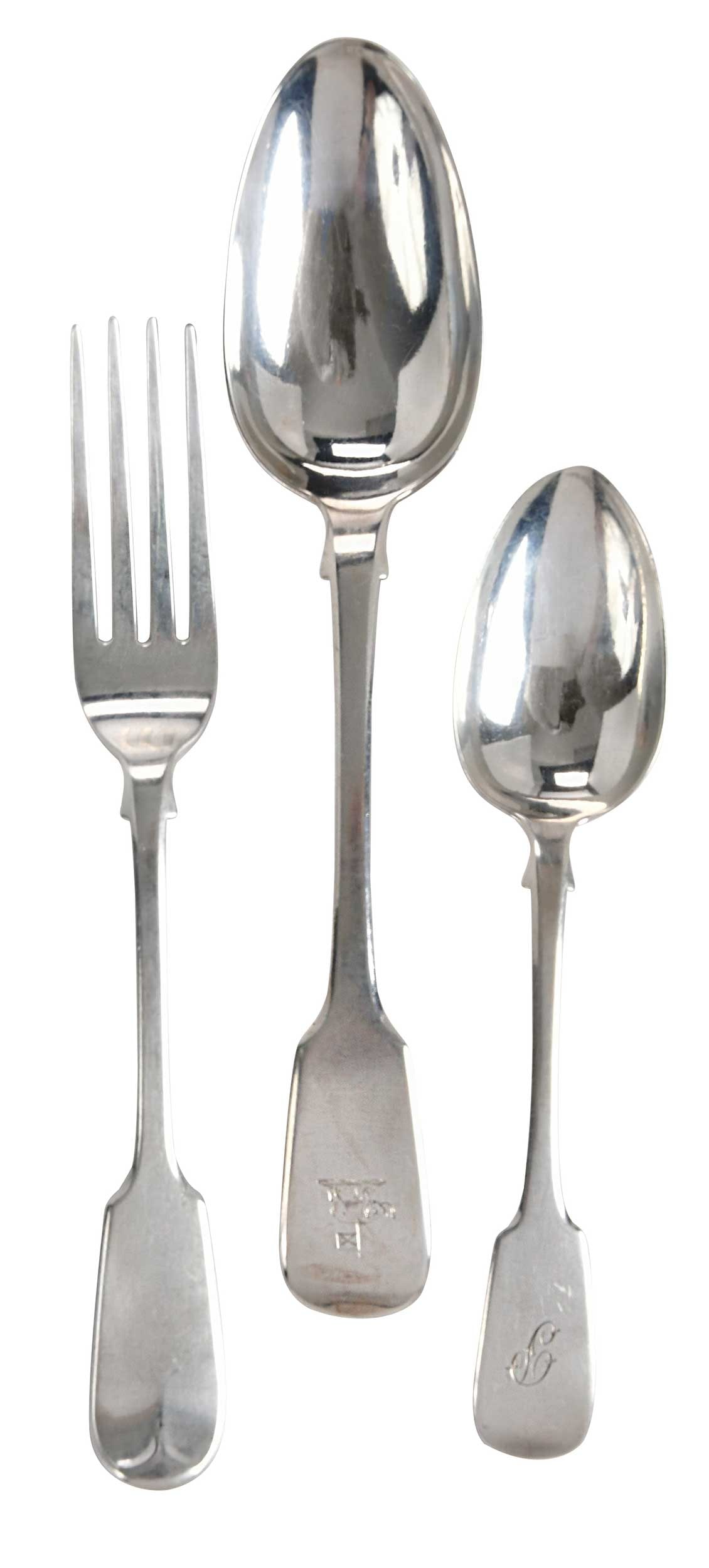 18 Pieces English Silver Flatware: three sets of six including set of forks, marks for Robert Wallis, London, 1843, 8-1/8 in.; spoons, marks for William Eaton, London, 1830, 8-3/4 in.; spoons, marks for John Osment, Exeter, 1839, 7 in.